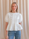 Cotton Peplum Blouse with Embroidery and Puff Sleeves