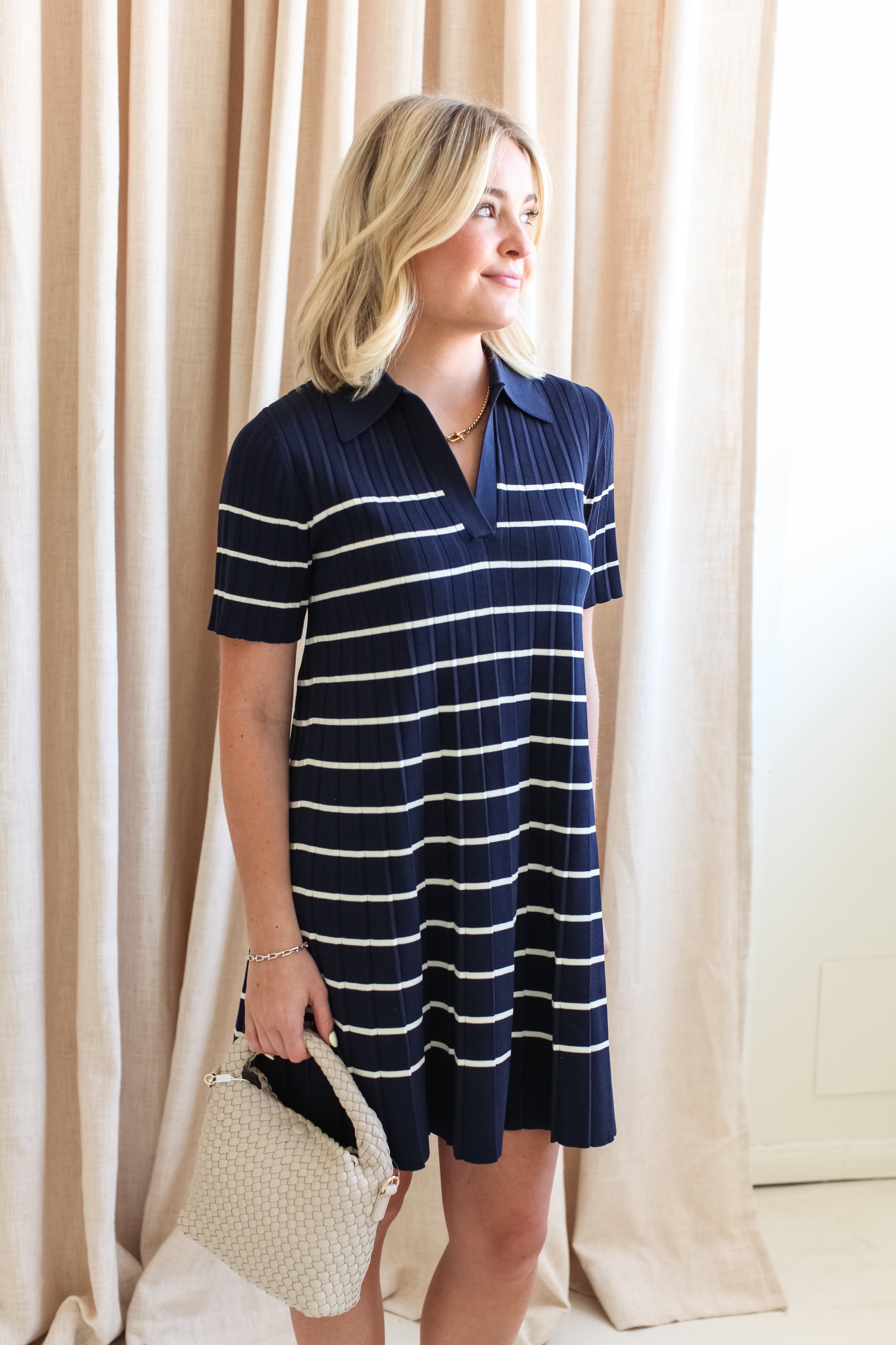 Navy Stripe Knit Mini Dress with Collar