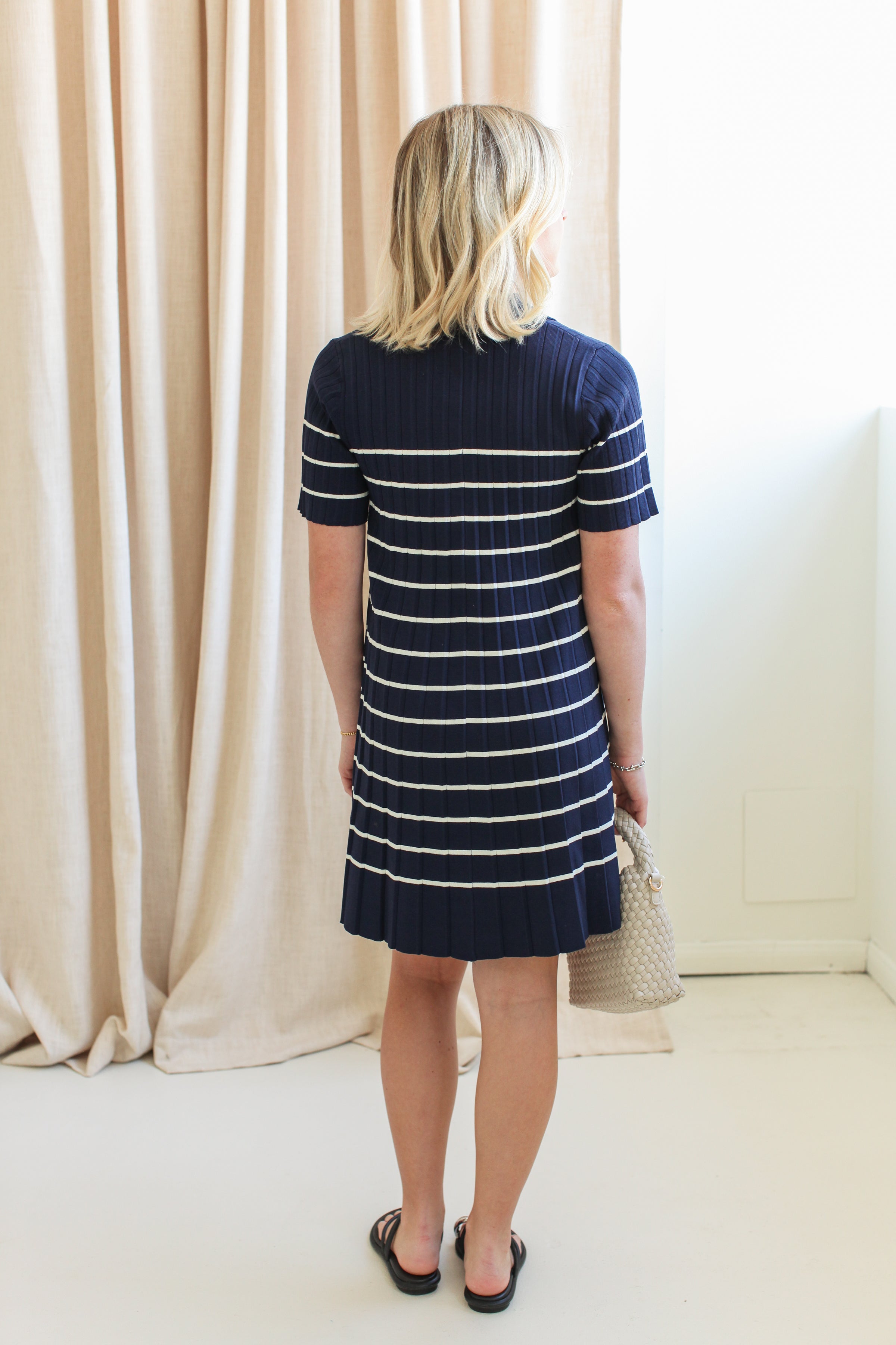 Navy Stripe Knit Mini Dress with Collar