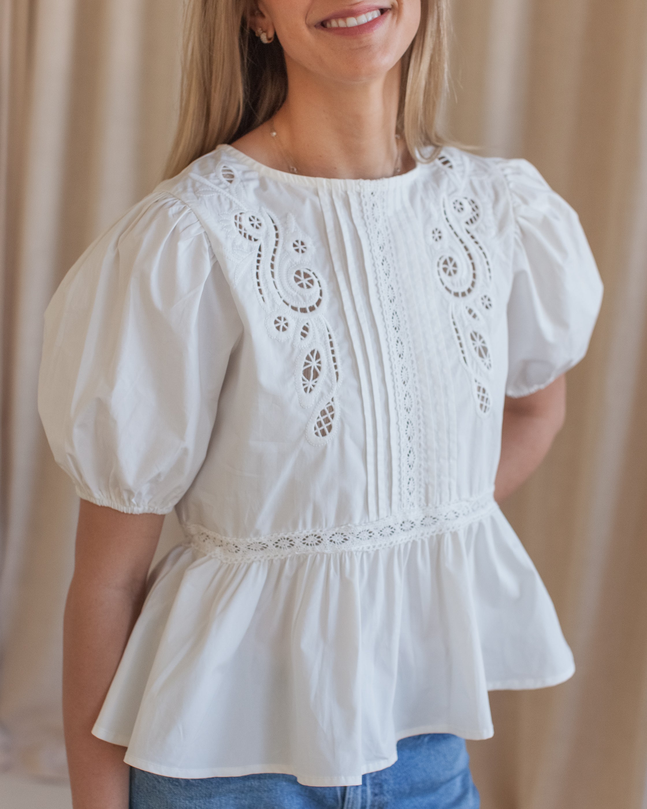 Cotton Peplum Blouse with Embroidery and Puff Sleeves