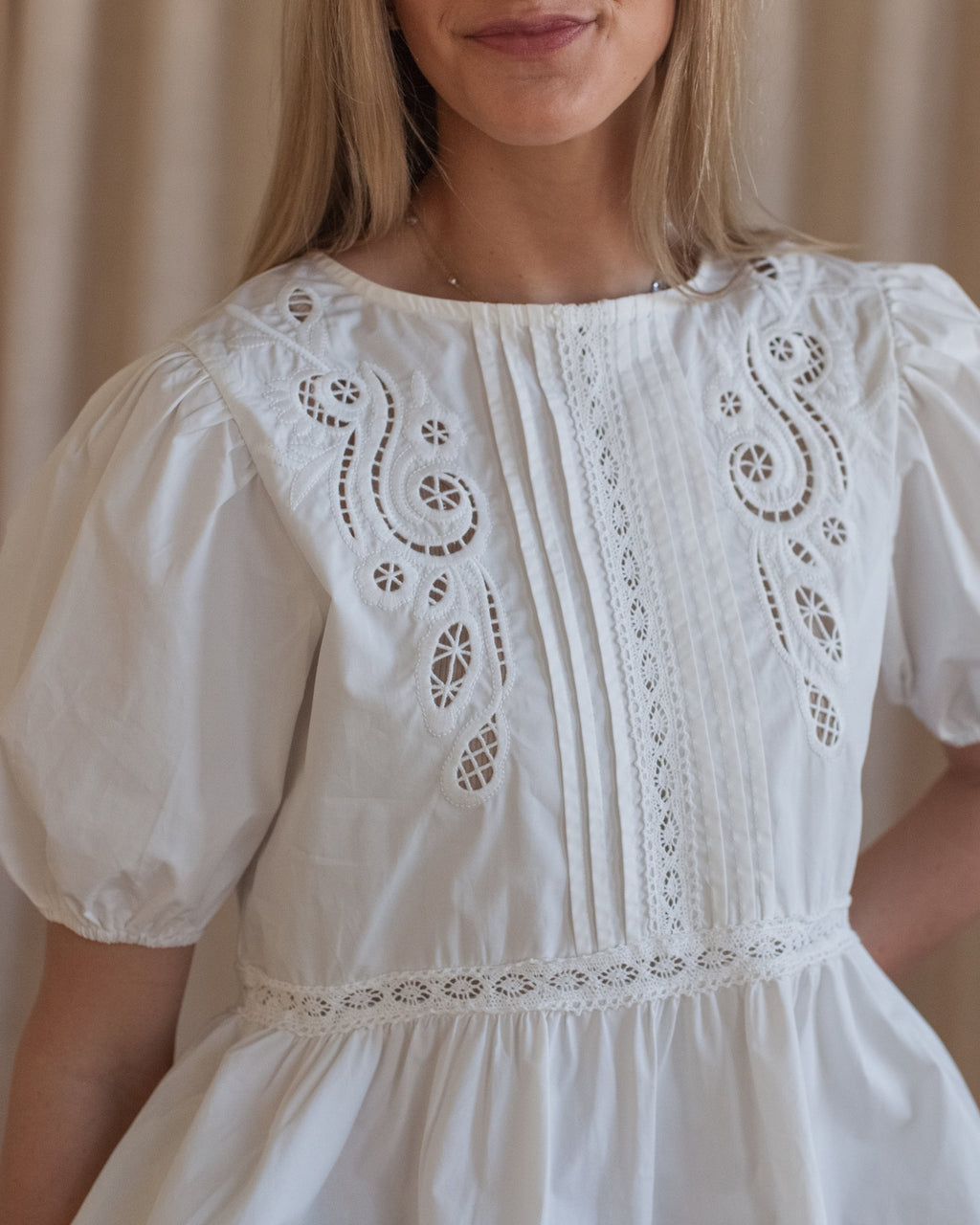 Cotton Peplum Blouse with Embroidery and Puff Sleeves