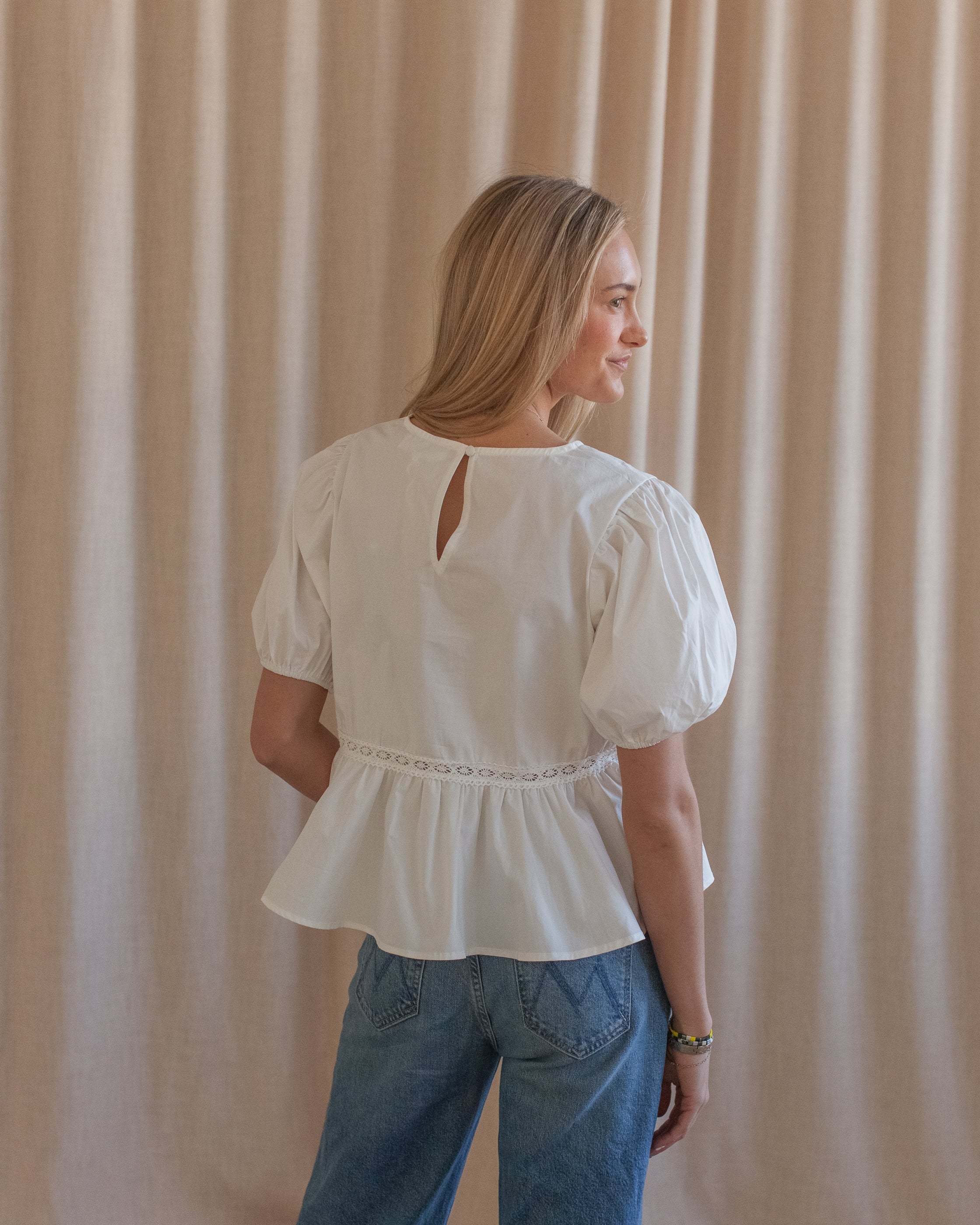 Cotton Peplum Blouse with Embroidery and Puff Sleeves