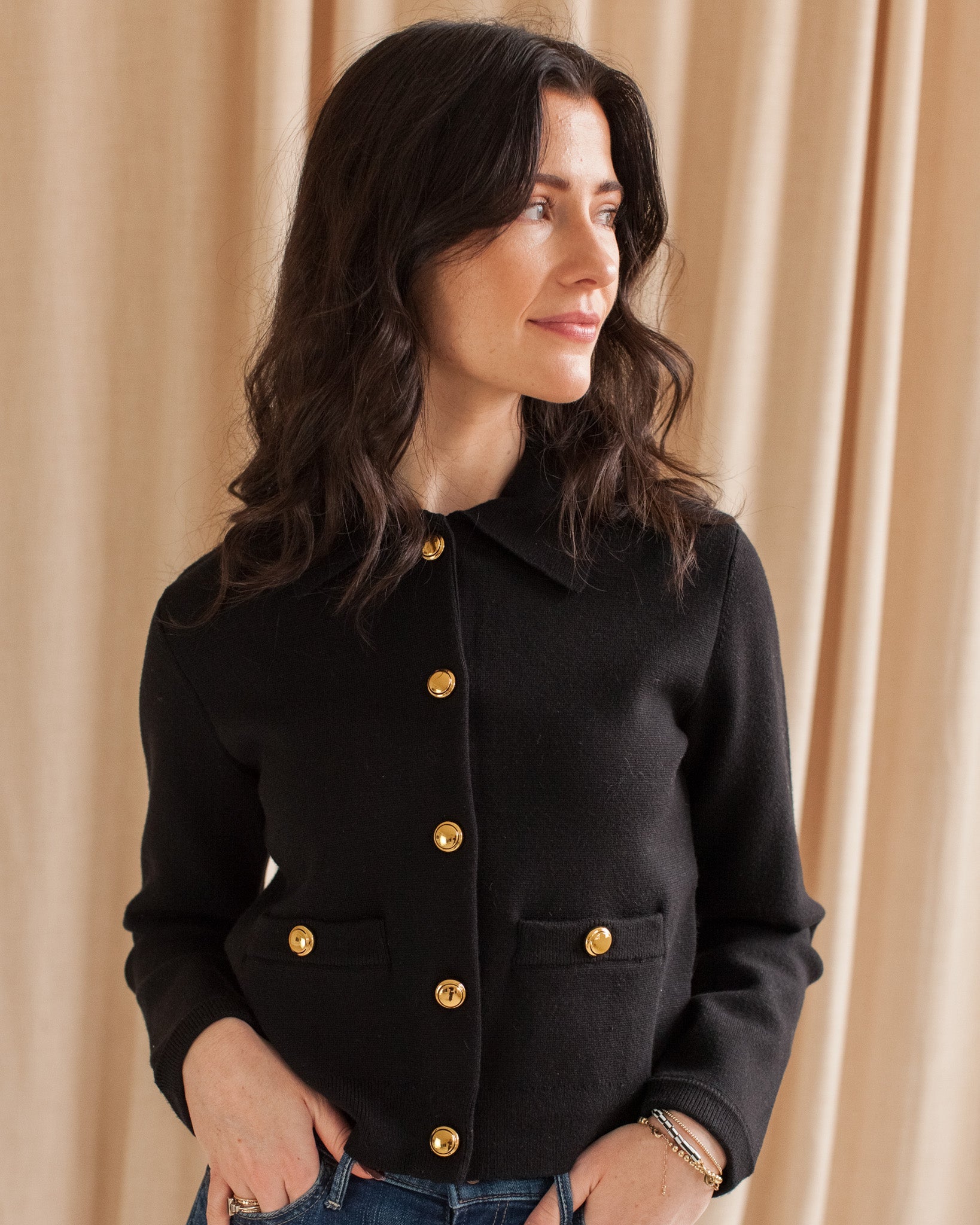 Cropped Bow Tie Cardigan with Gold Buttons