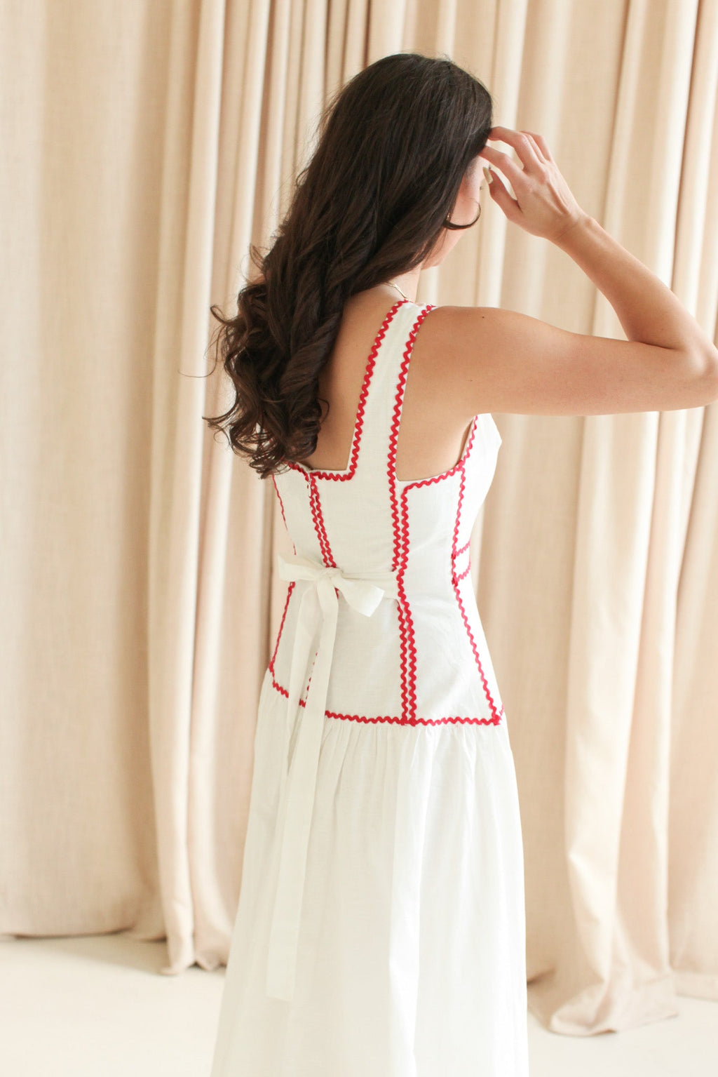 Red Sleeveless Linen Midi Dress with Trim Detail