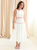 Red Sleeveless Linen Midi Dress with Trim Detail