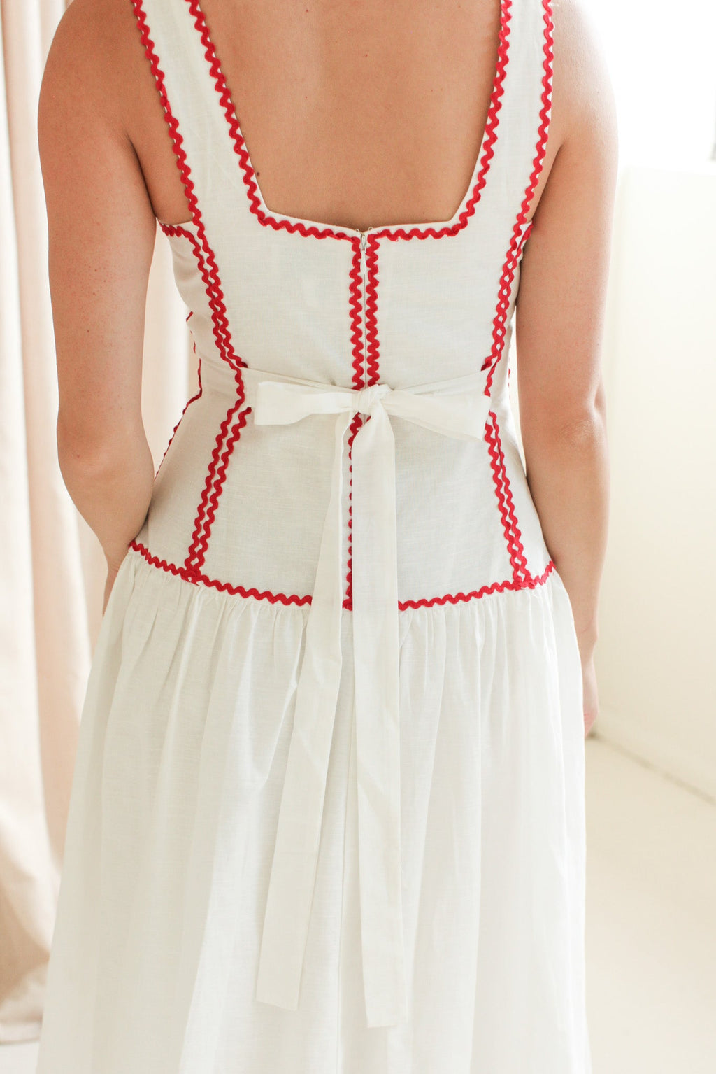 Red Sleeveless Linen Midi Dress with Trim Detail