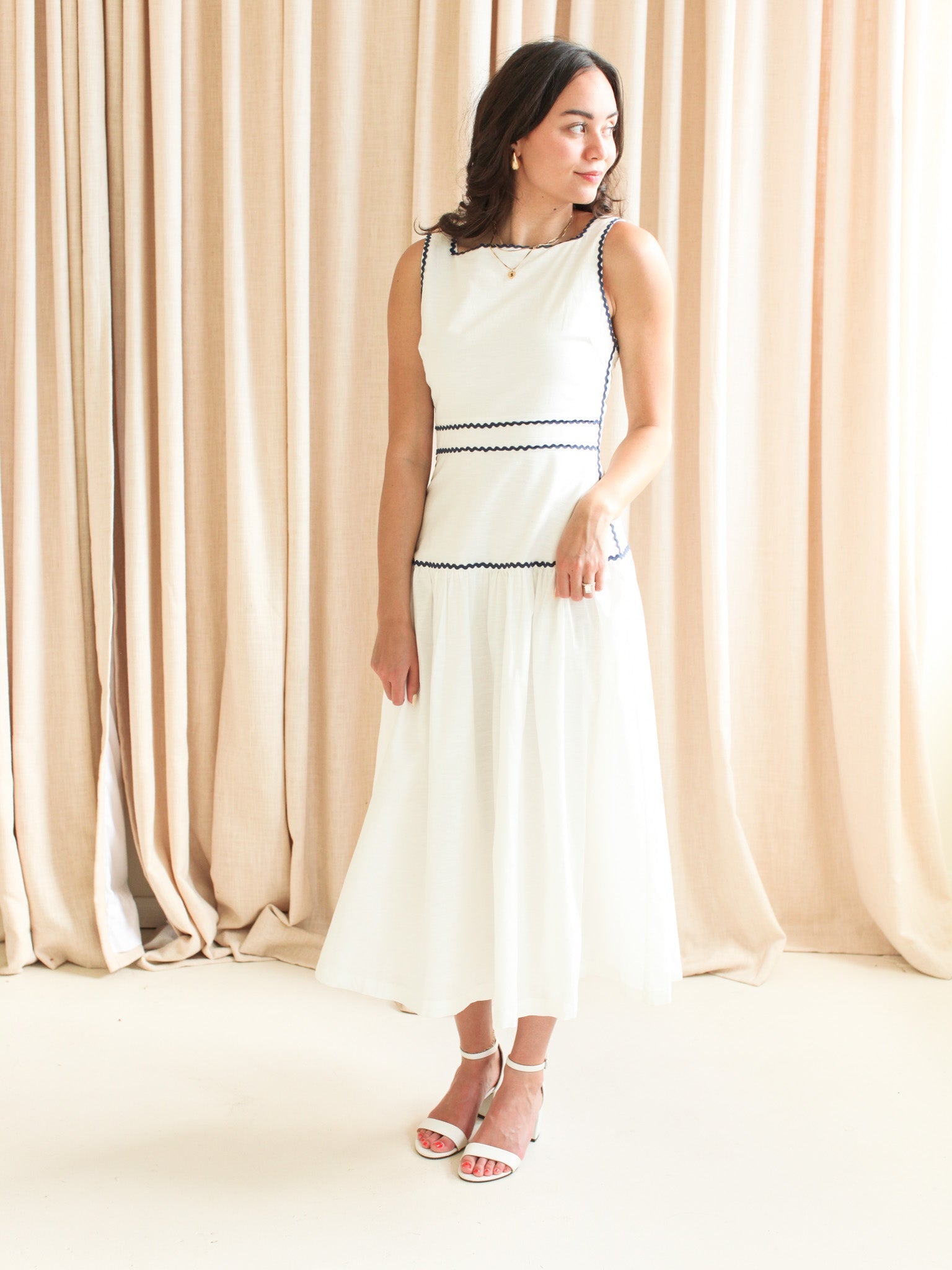 Navy Sleeveless Linen Midi Dress with Trim Detail