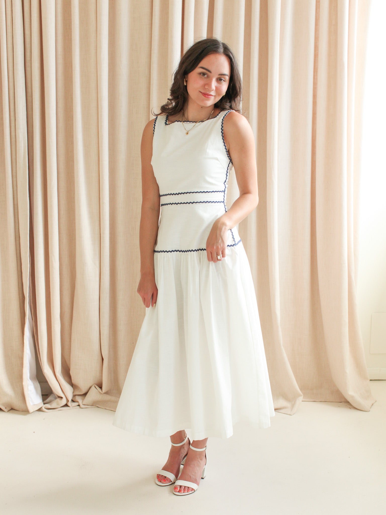 Navy Sleeveless Linen Midi Dress with Trim Detail