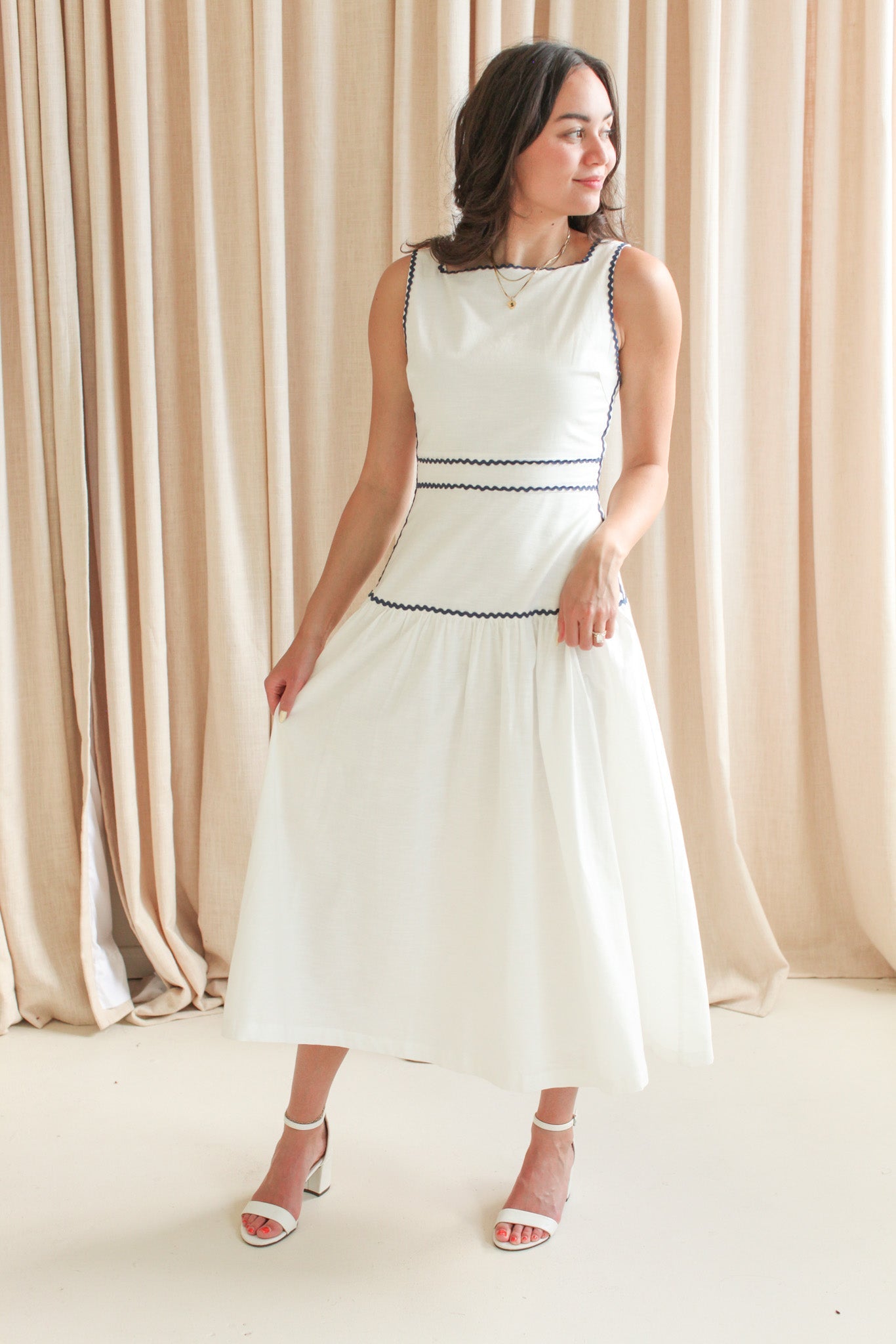 Navy Sleeveless Linen Midi Dress with Trim Detail