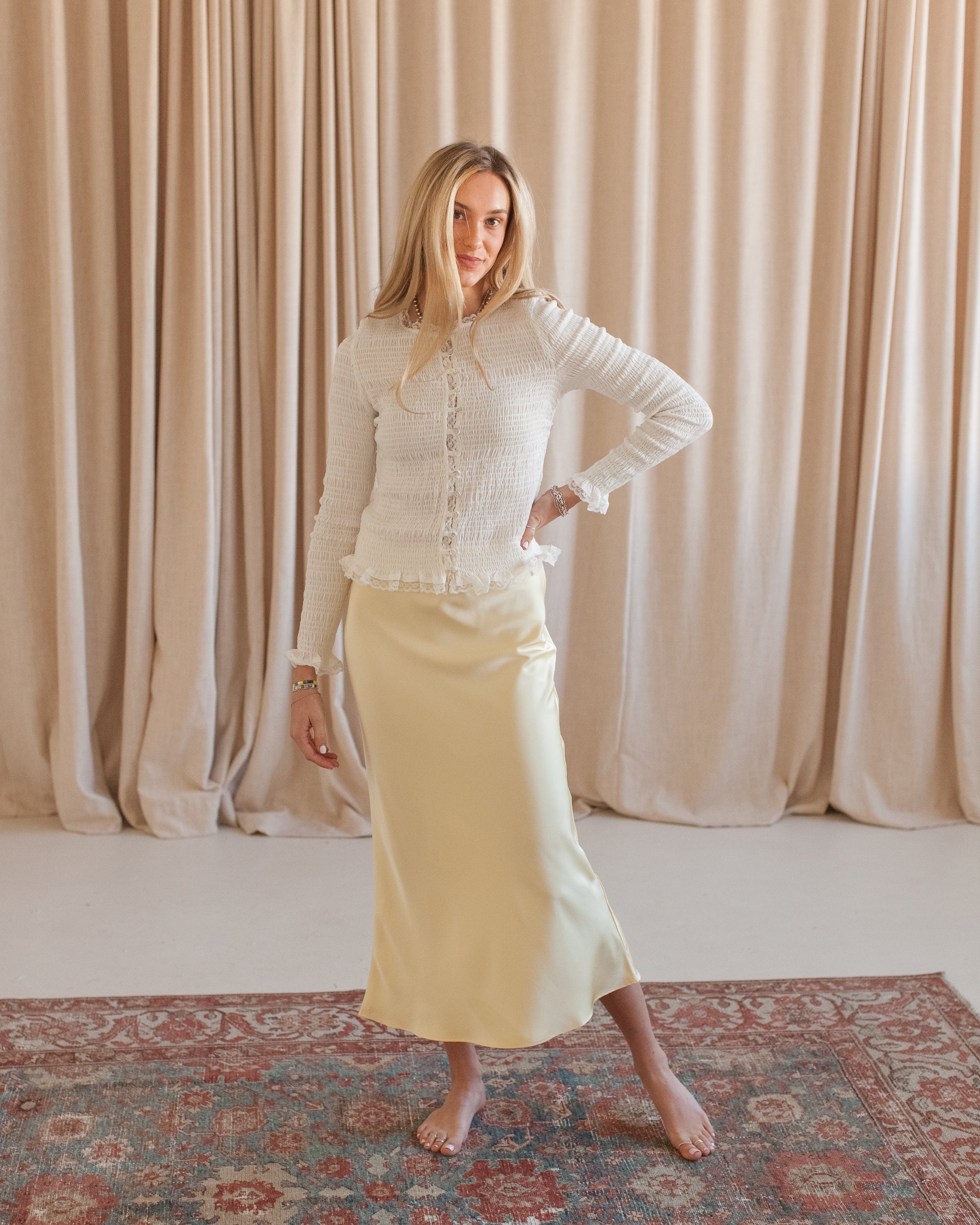 Yellow Satin Midi Slip Skirt with Side Zipper
