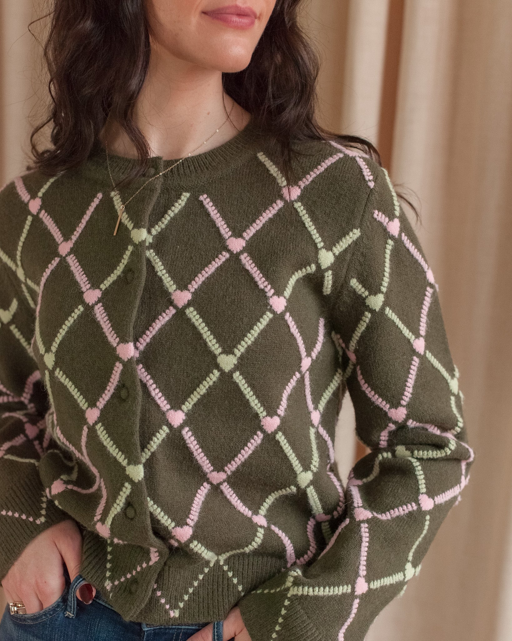 Cropped Boxy Cardigan with Heart and Diamond Pattern