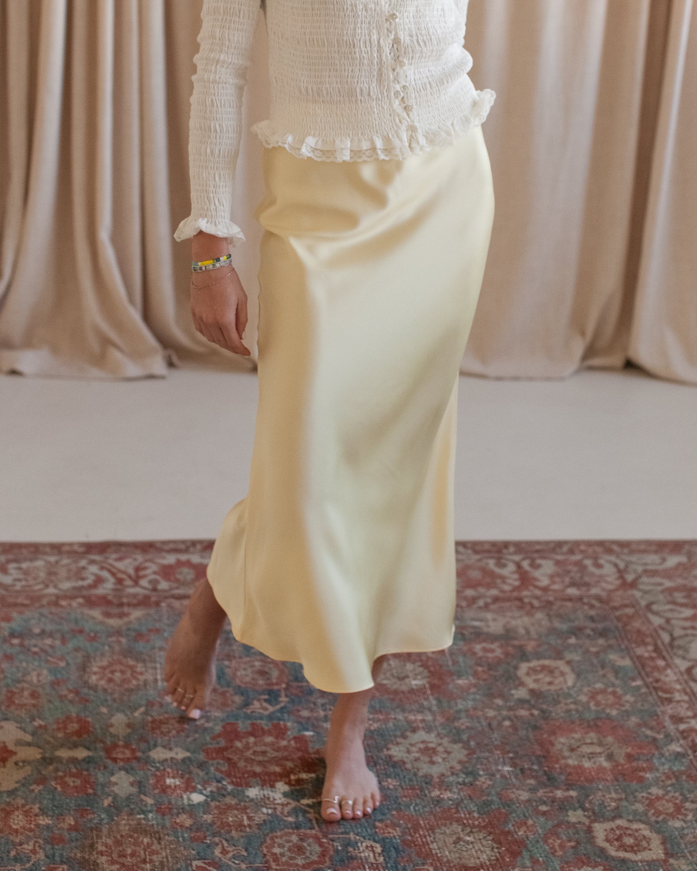 Yellow Satin Midi Slip Skirt with Side Zipper