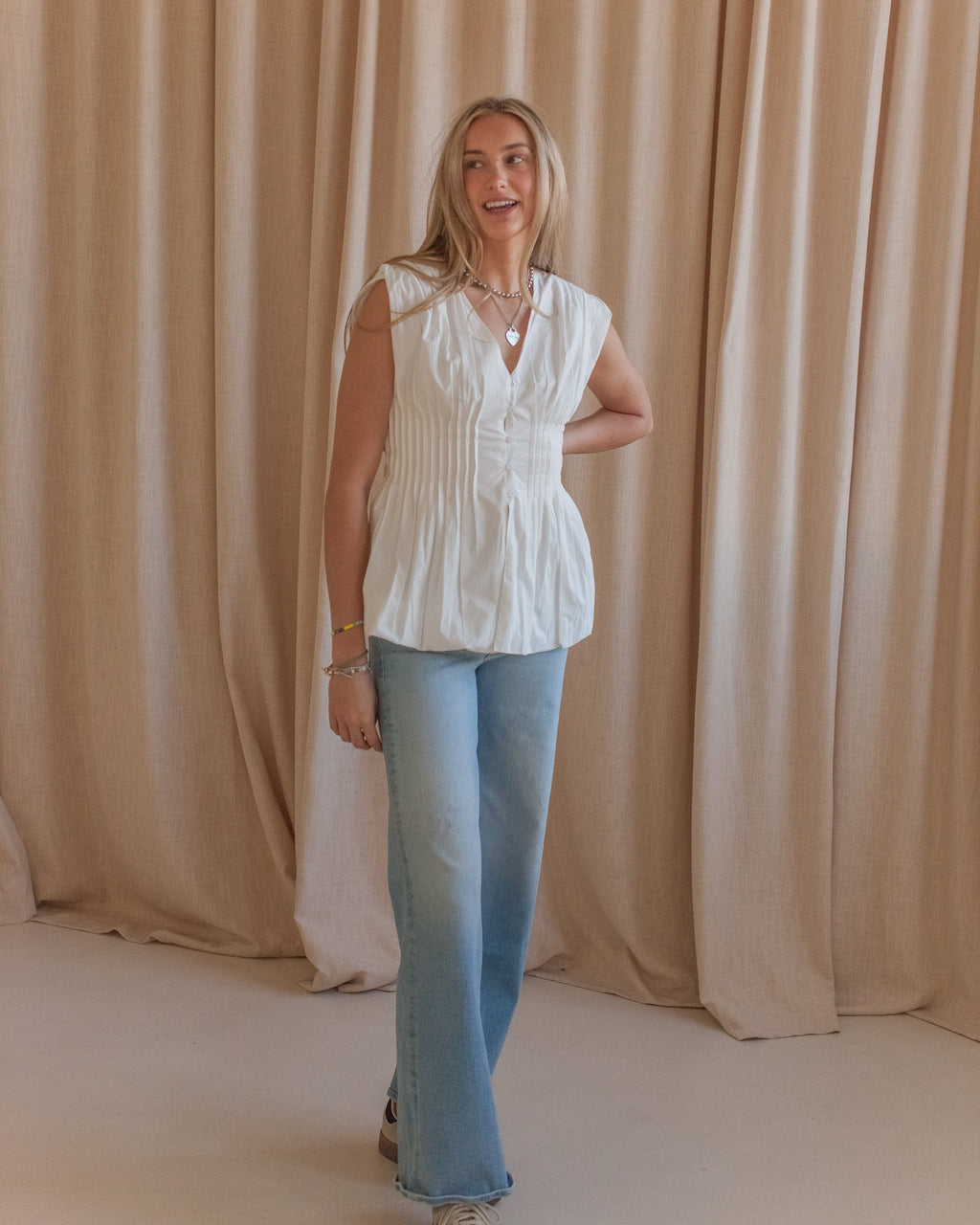Cotton Cap Sleeve Deep V-Neck Blouse with Bubble Hem