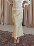 Yellow Satin Midi Slip Skirt with Side Zipper