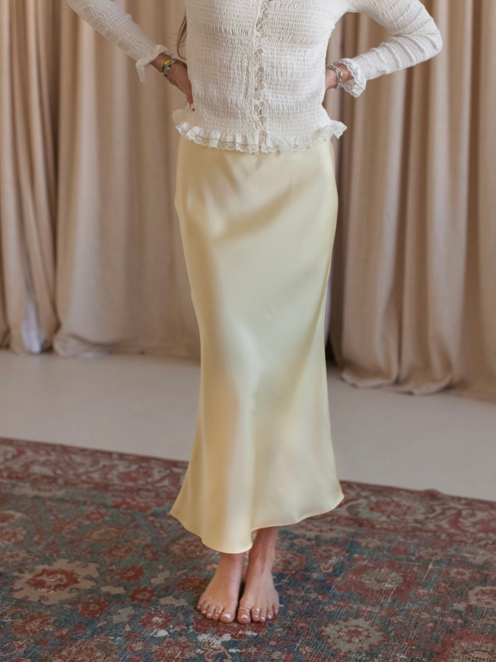 Yellow Satin Midi Slip Skirt with Side Zipper