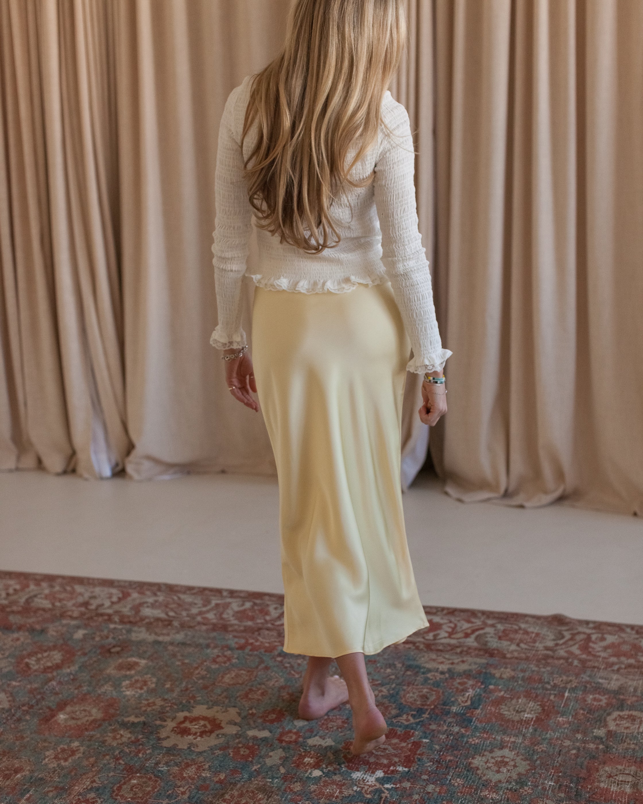 Yellow Satin Midi Slip Skirt with Side Zipper