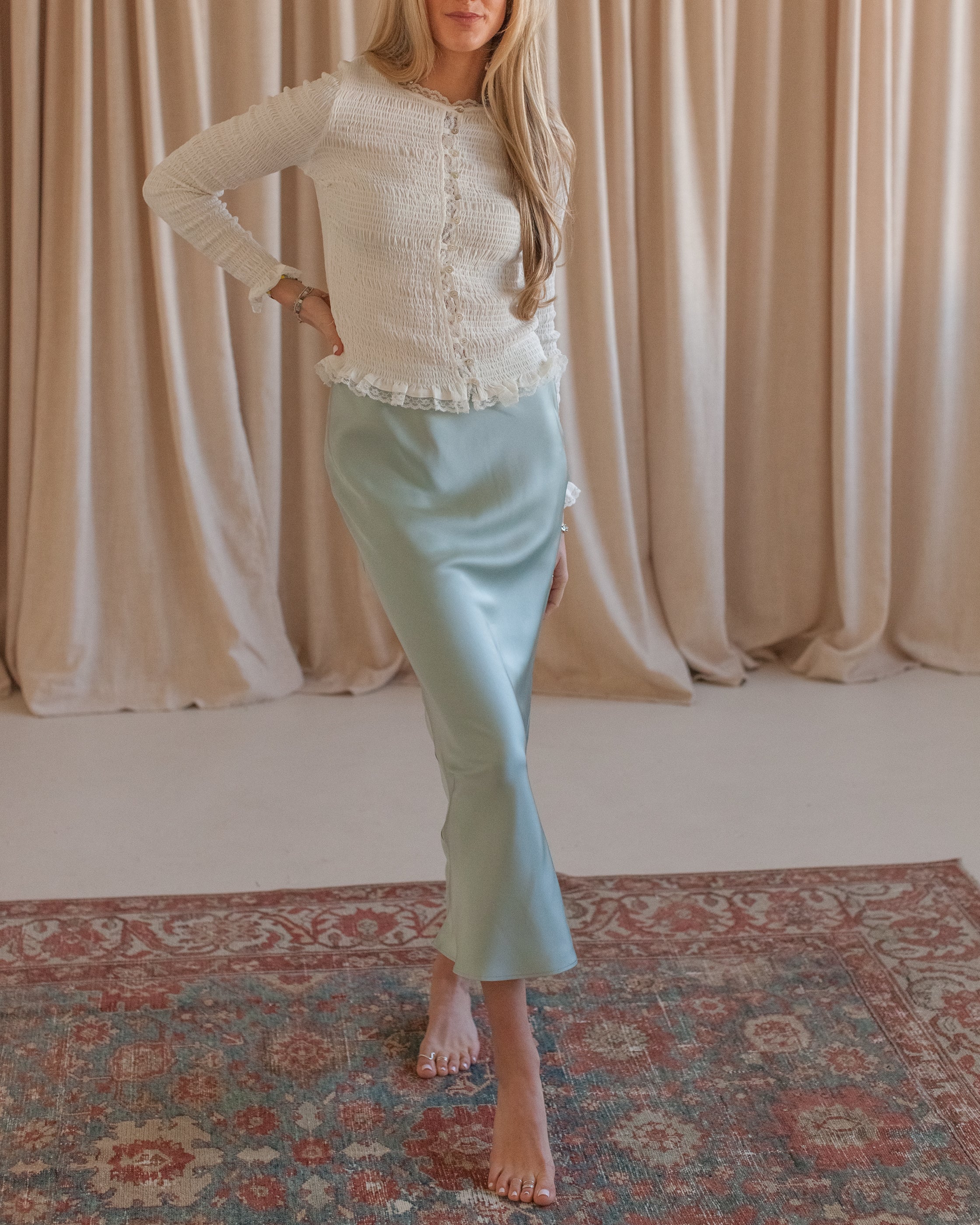 Sky Blue Satin Midi Slip Skirt with Side Zipper