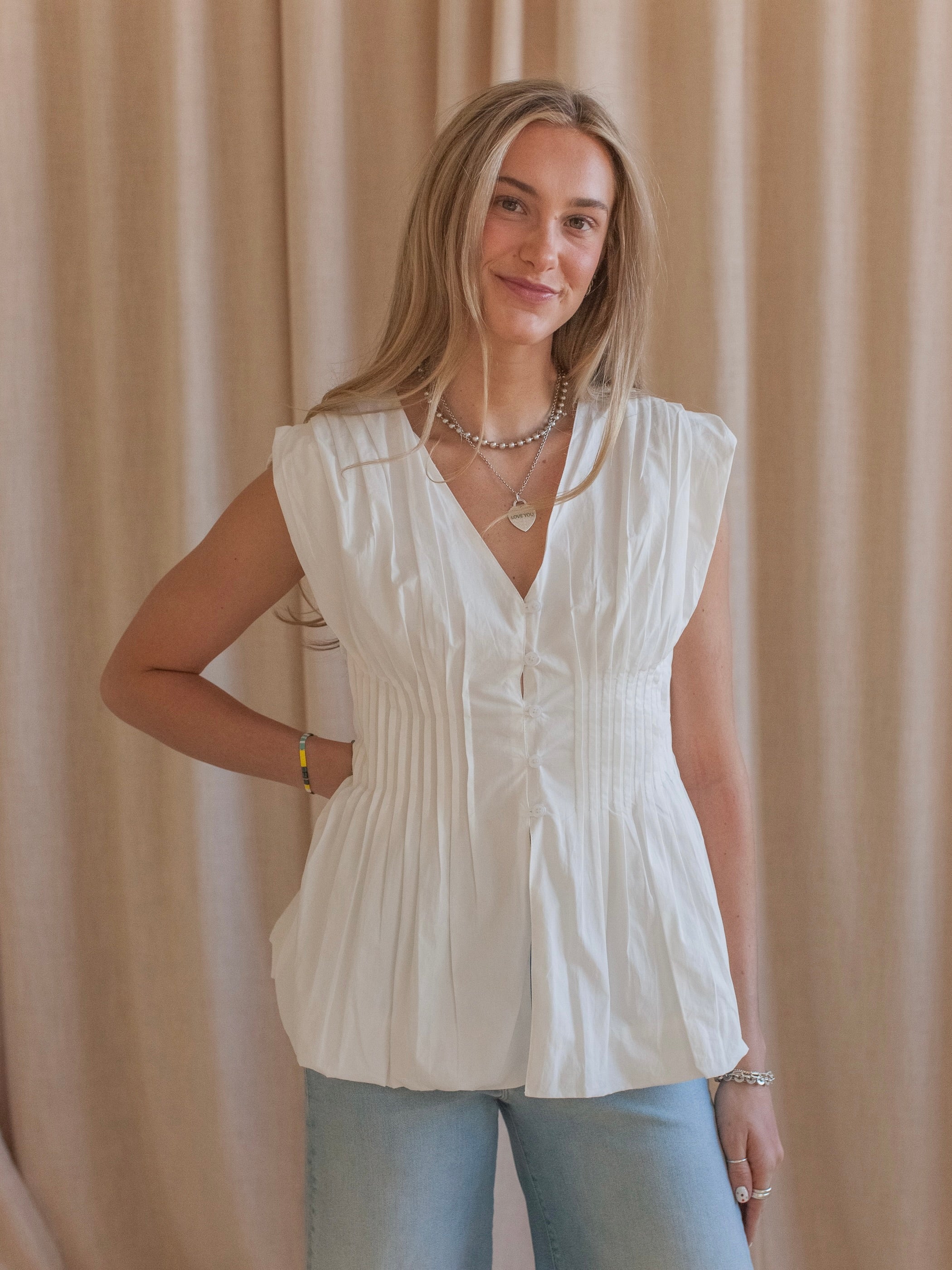 Cotton Cap Sleeve Deep V-Neck Blouse with Bubble Hem