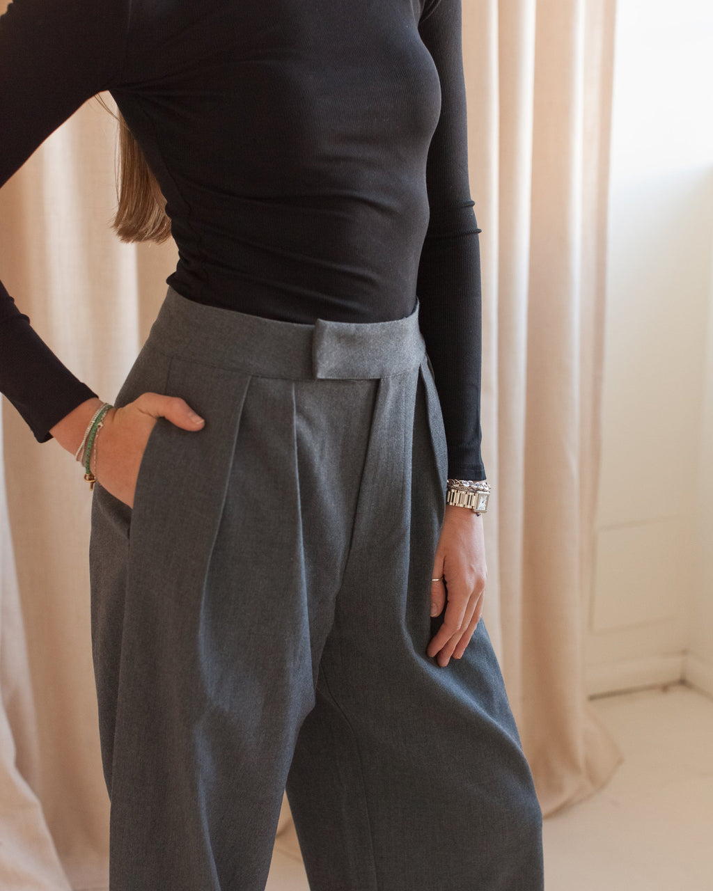 High-Rise Wide Leg Trousers with Pleats and Pockets