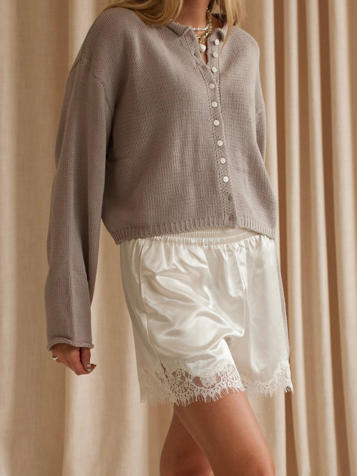 Satin Pull-On Shorts with Lace Trim and Pockets