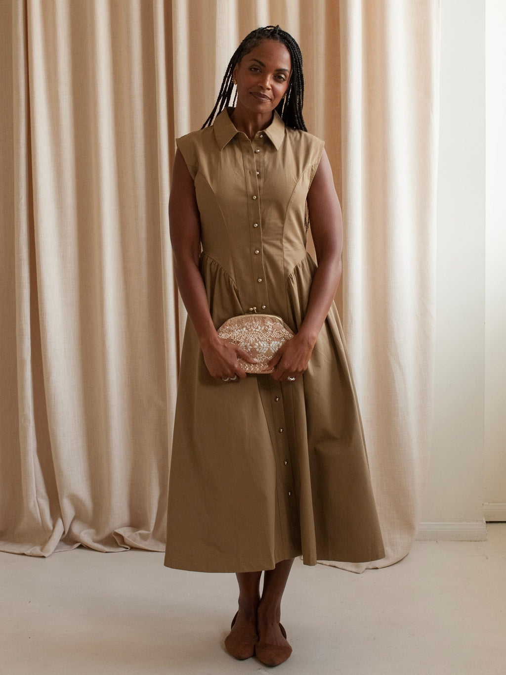 Khaki Sleeveless Shirt Dress with Pockets and Silver Buttons