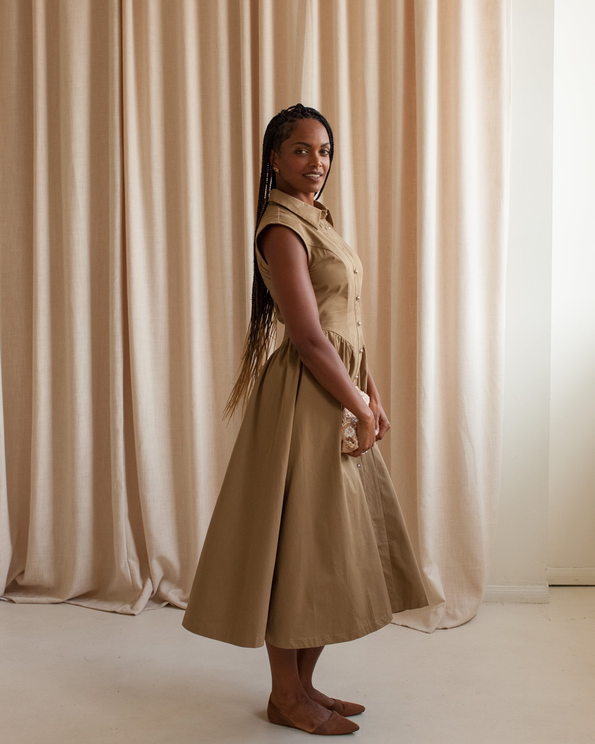 Khaki Sleeveless Shirt Dress with Pockets and Silver Buttons