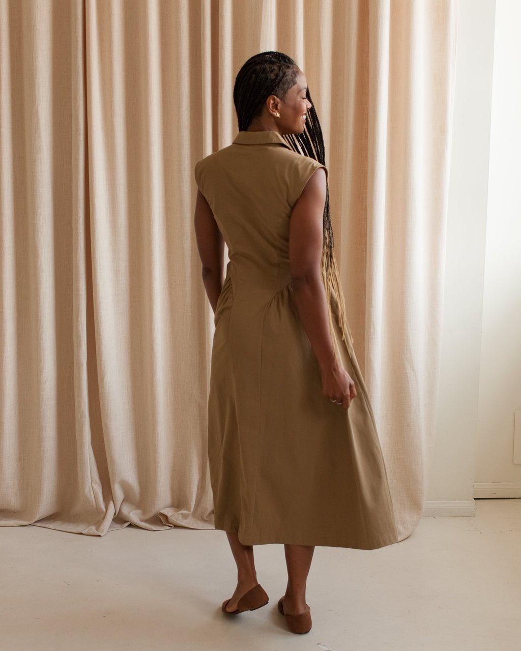 Khaki Sleeveless Shirt Dress with Pockets and Silver Buttons