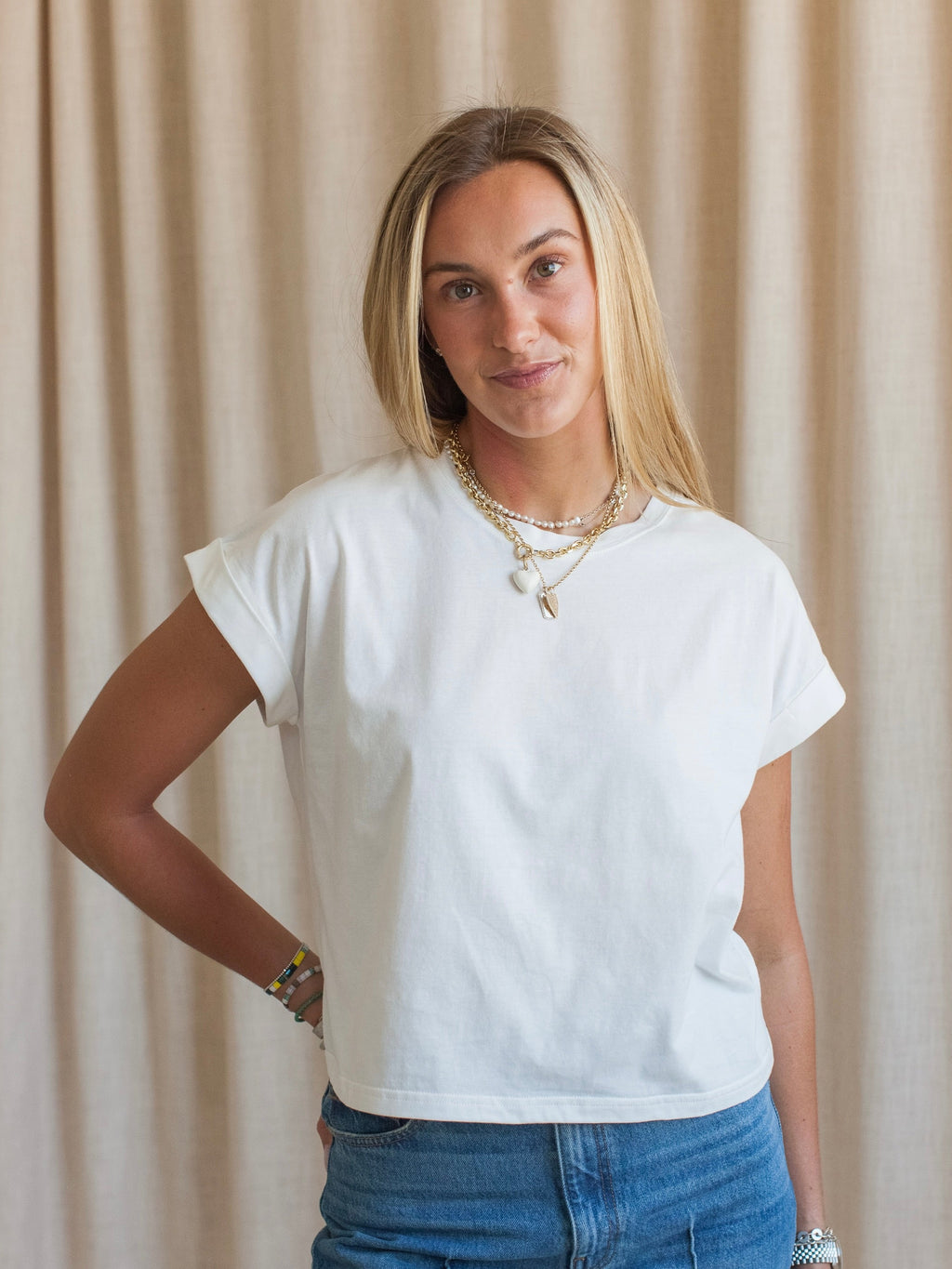 White Cotton Boxy Tee with Cuffed Sleeves