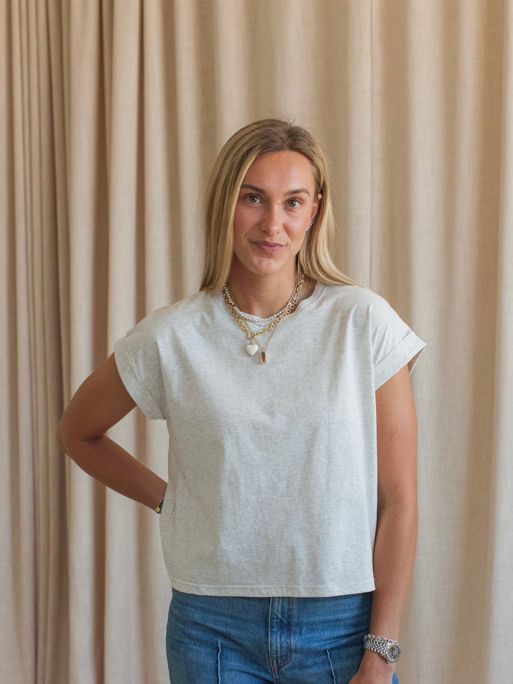 Gray Cotton Boxy Tee with Cuffed Sleeves