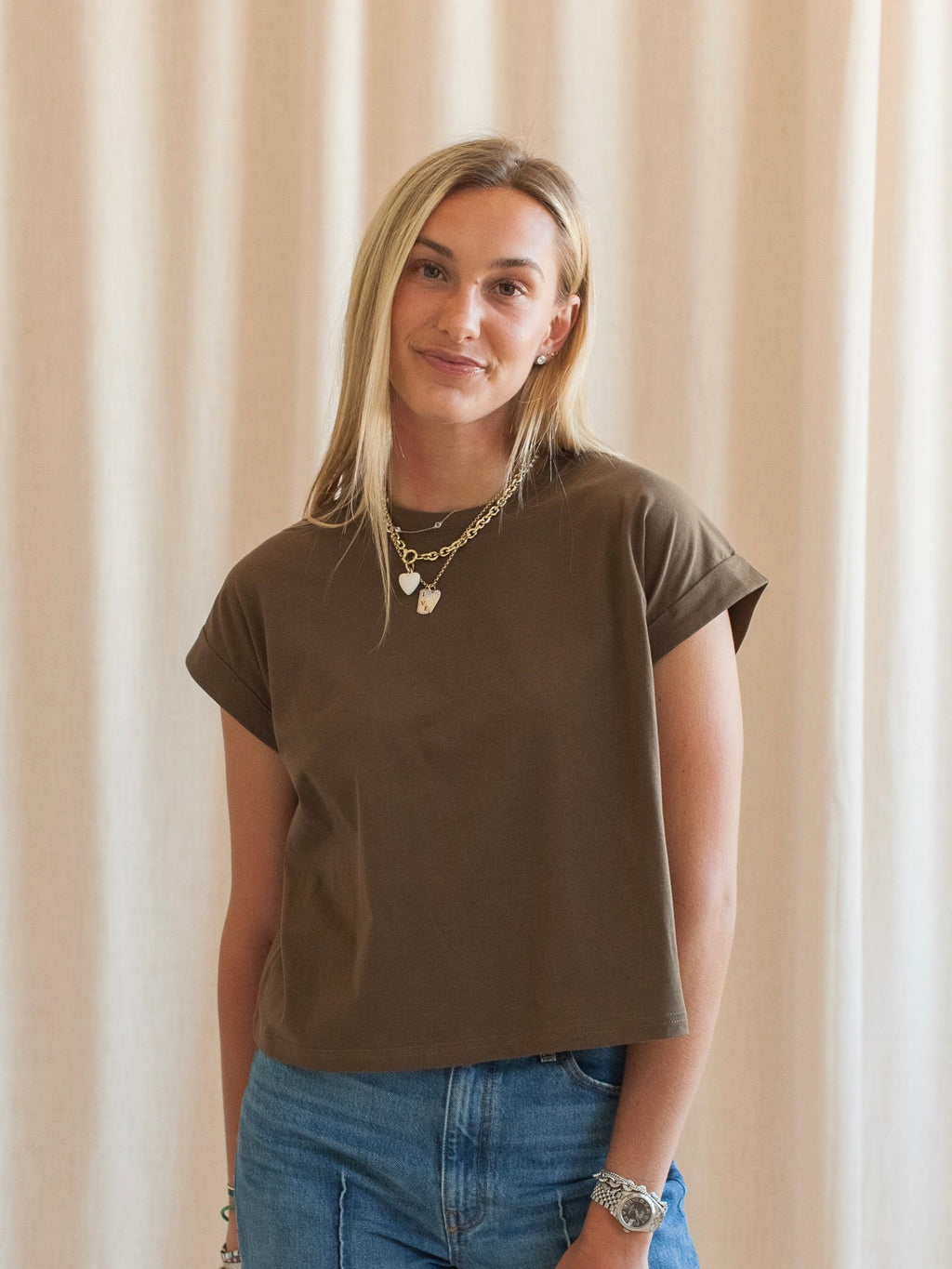 Olive Cotton Boxy Tee with Cuffed Sleeves