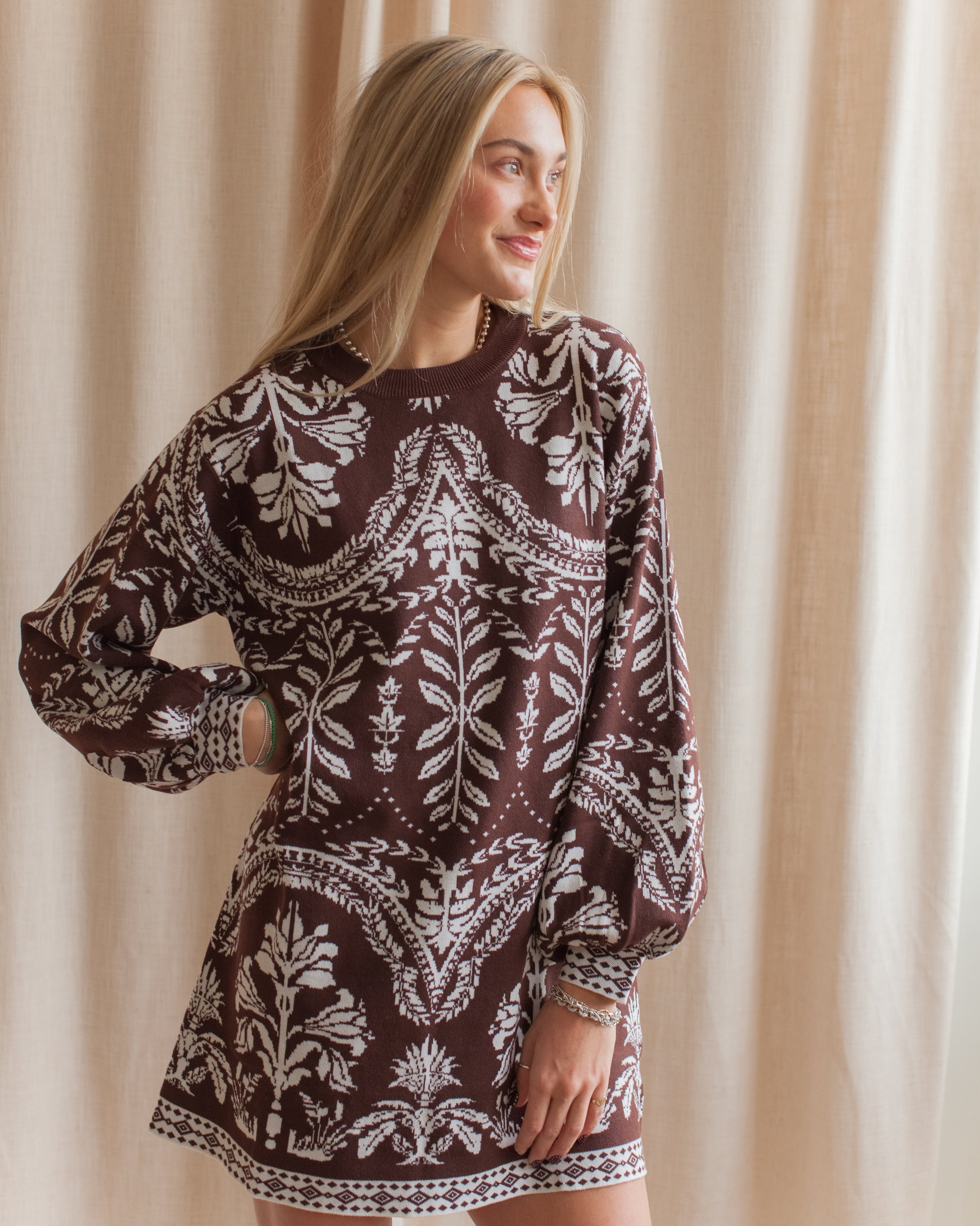 Patterned Knit Mini Dress with Loose Sleeves