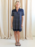 Marineblau gestreiftes Strick-Minikleid mit Kragen