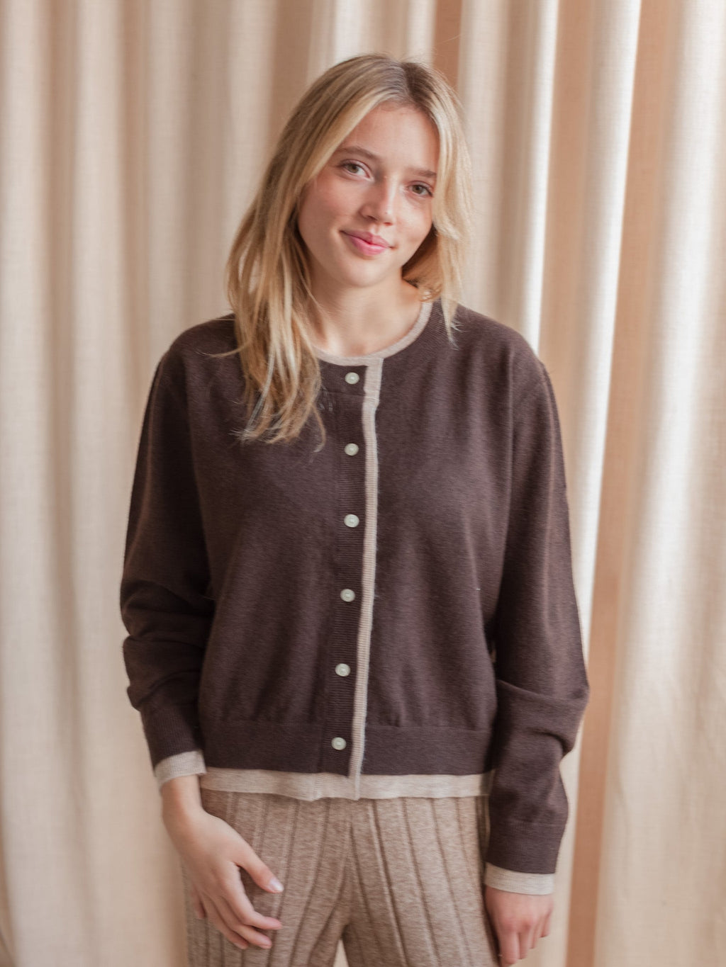 Contrast Trim Crew Neck Button Cardigan