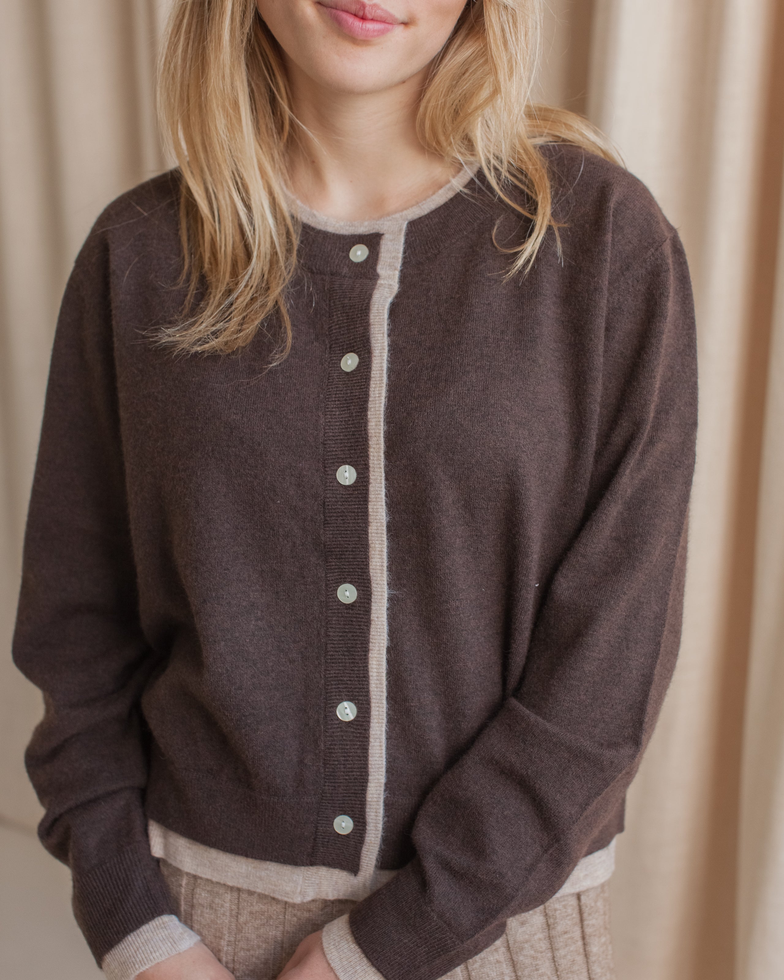Contrast Trim Crew Neck Button Cardigan