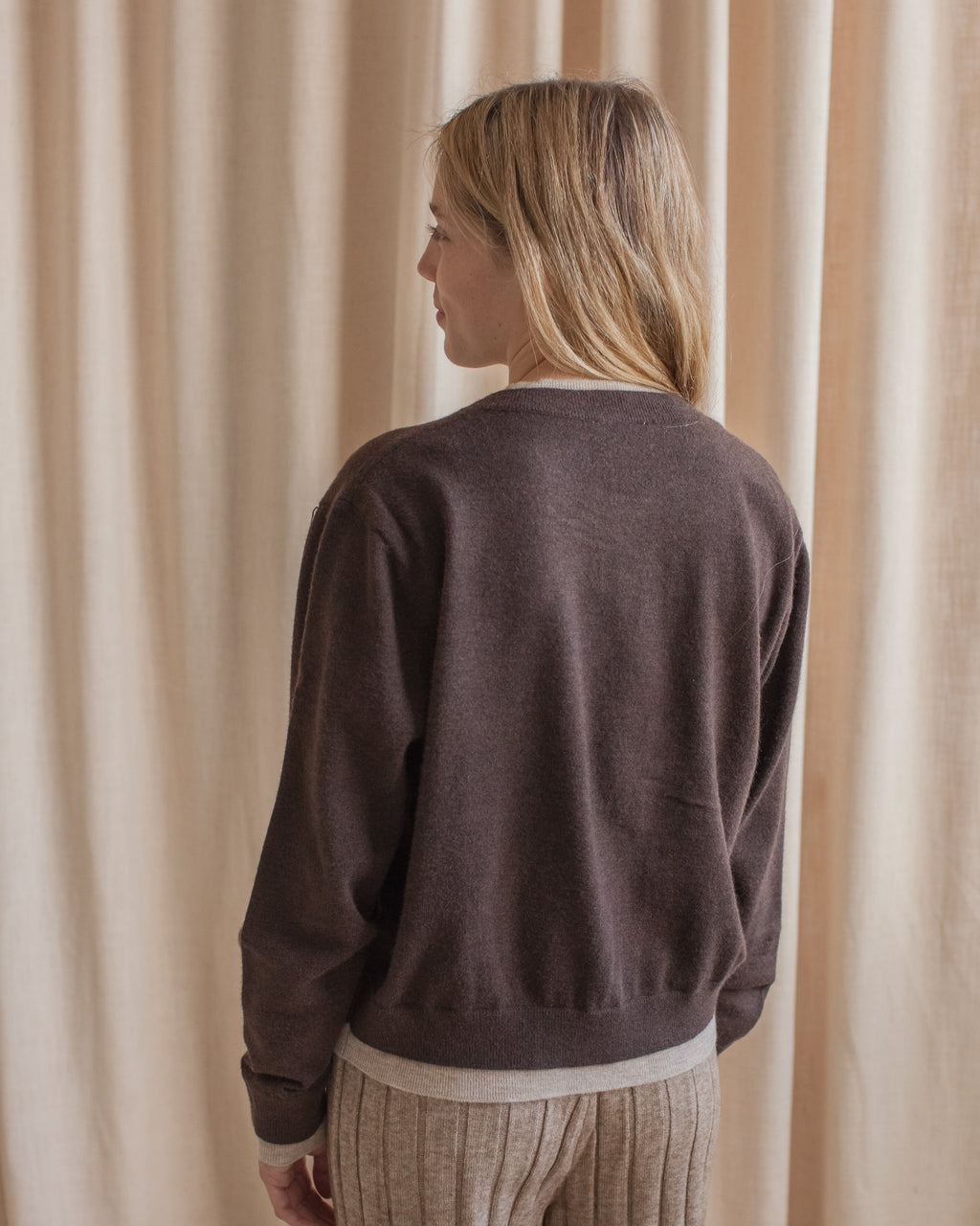 Contrast Trim Crew Neck Button Cardigan