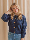 Cropped Oversized Cable Knit Cardigan with Contrast Buttons