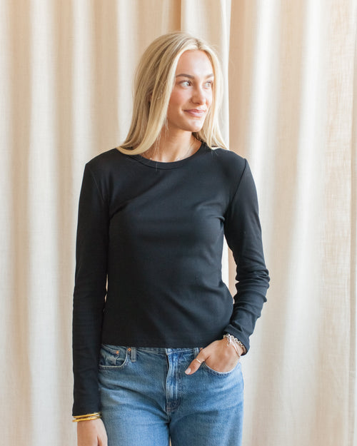 Black Long Sleeve Ribbed Fitted Tee