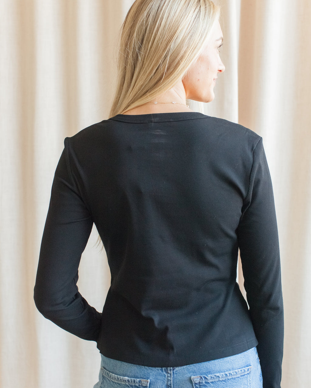 Black Long Sleeve Ribbed Fitted Tee