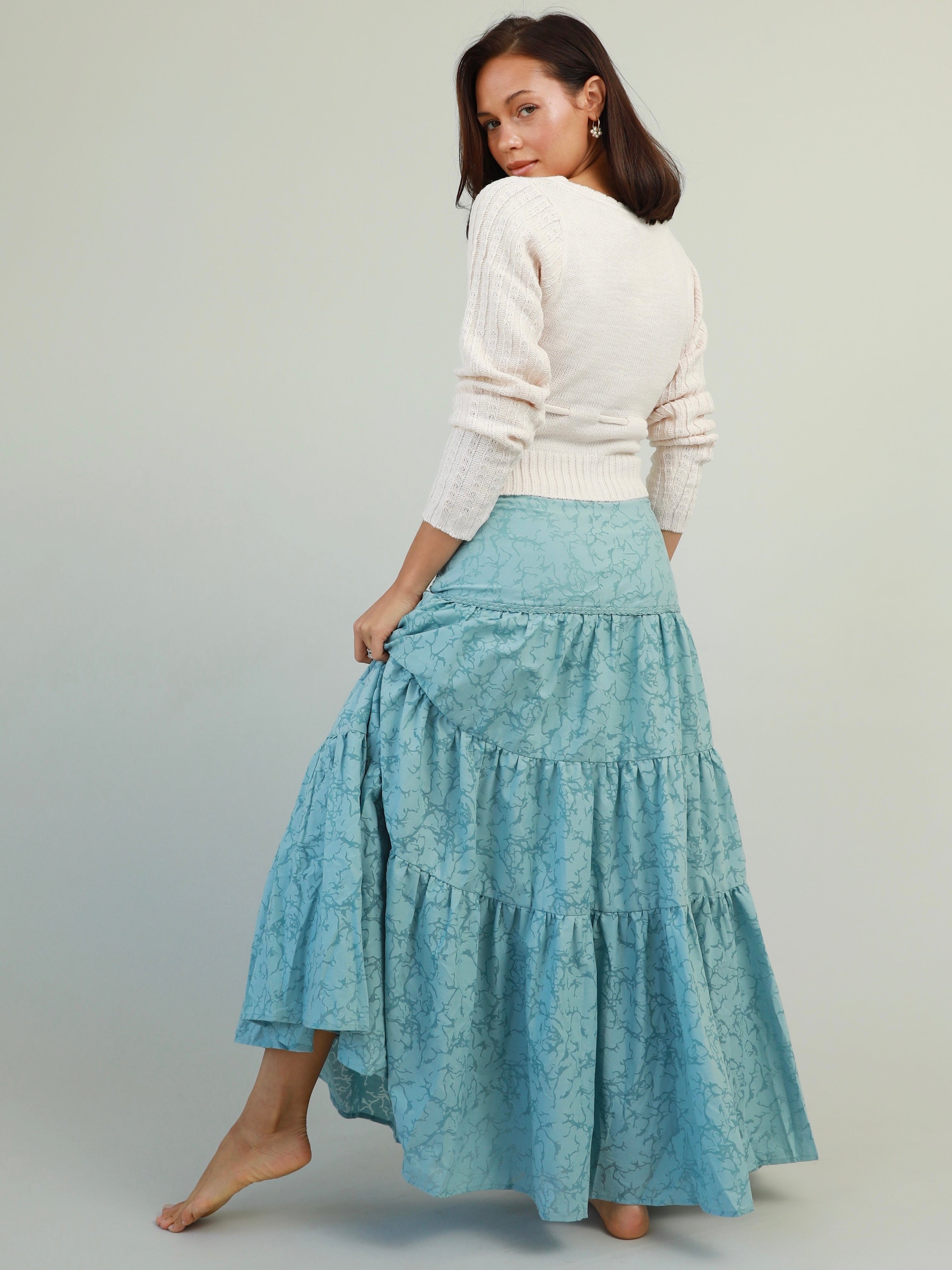 Ocean Blue Tiered Maxi Skirt with Braid Detail