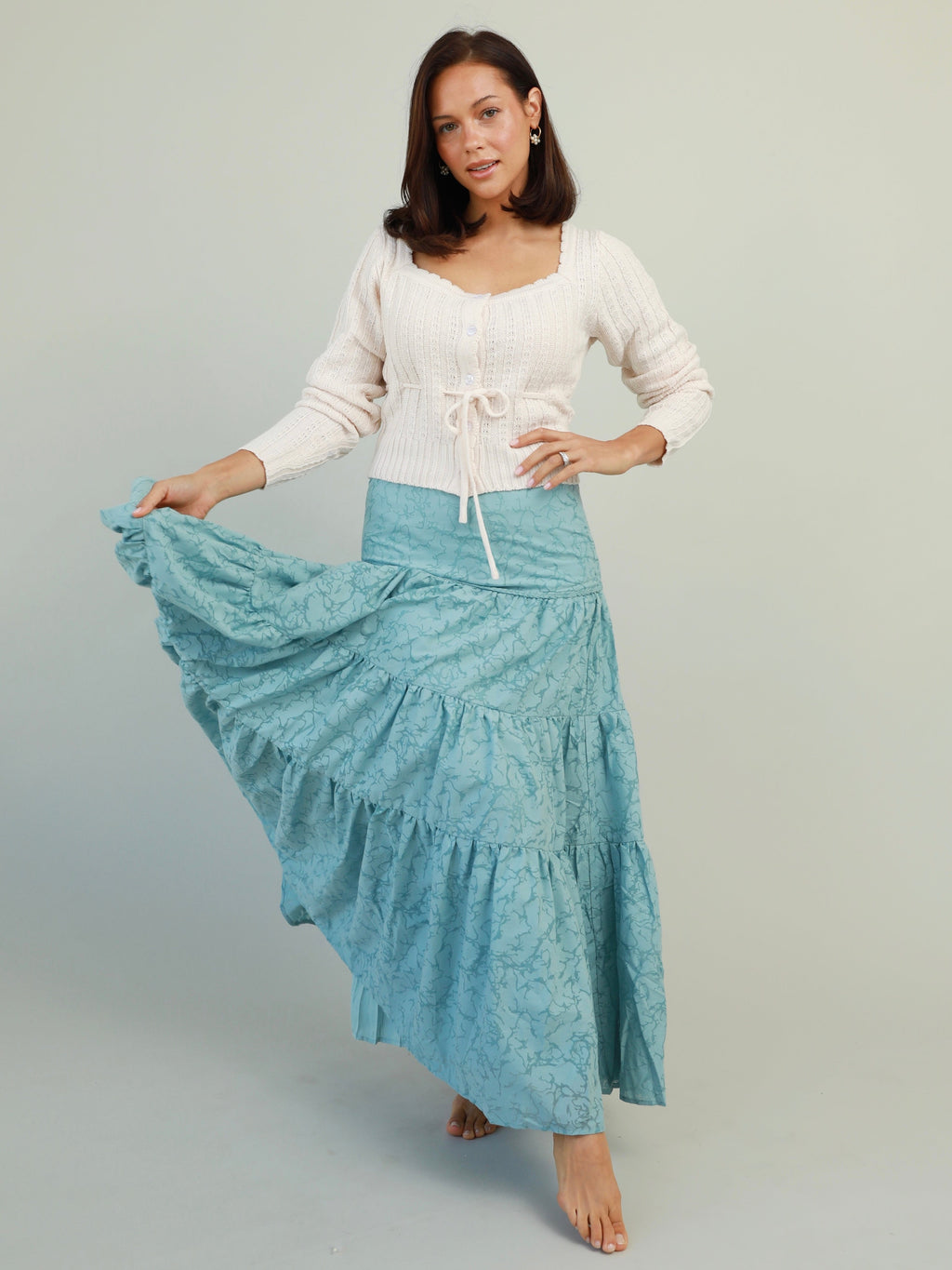 Ocean Blue Tiered Maxi Skirt with Braid Detail