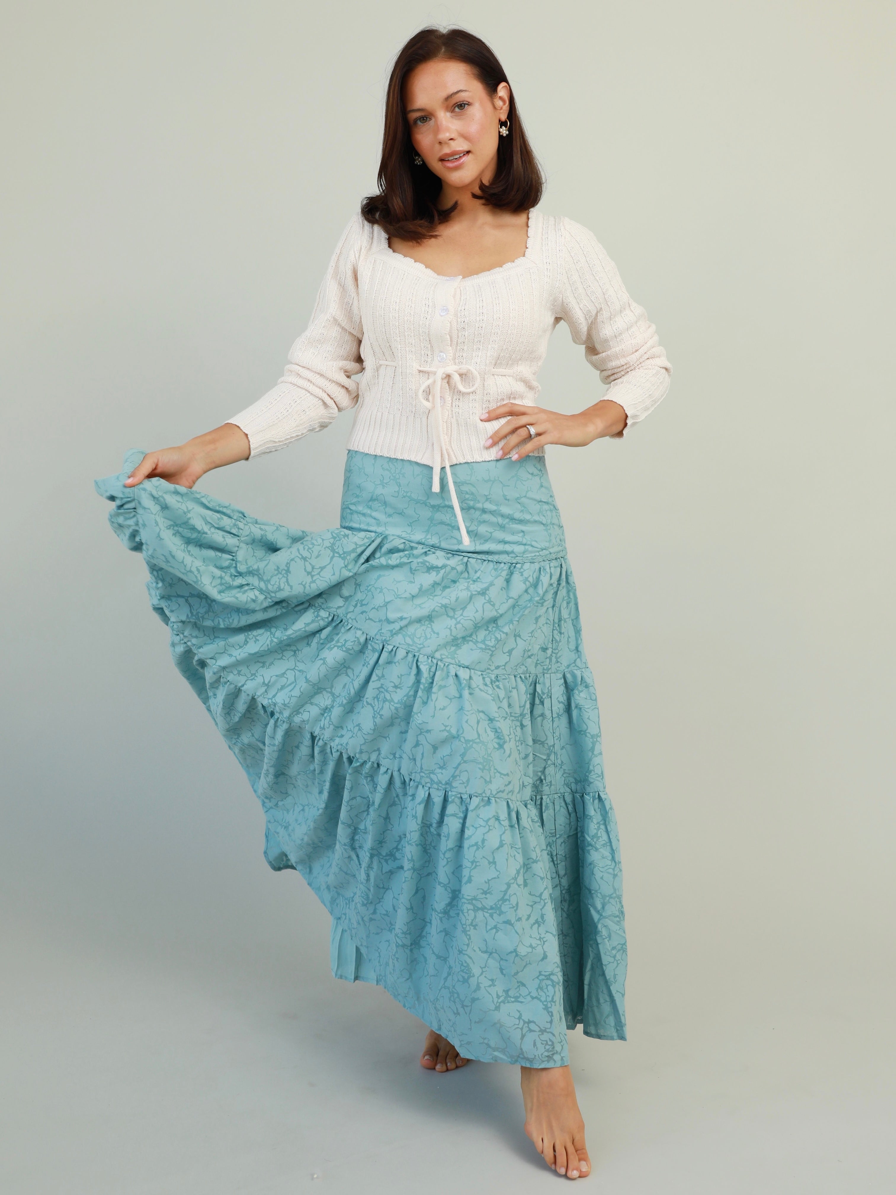 Ocean Blue Tiered Maxi Skirt with Braid Detail
