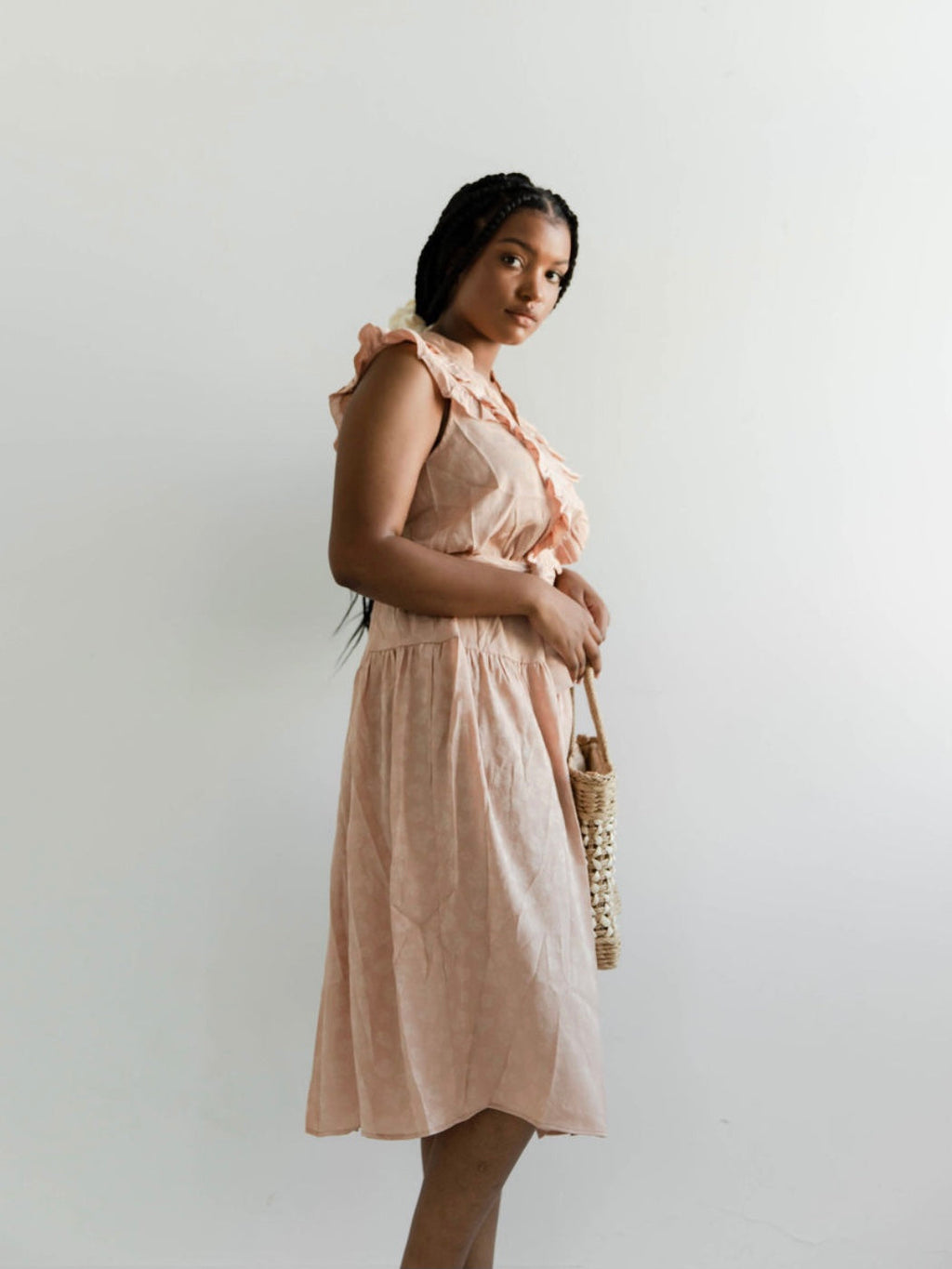 Apricot Ruffle Shoulder Wrap Midi Dress