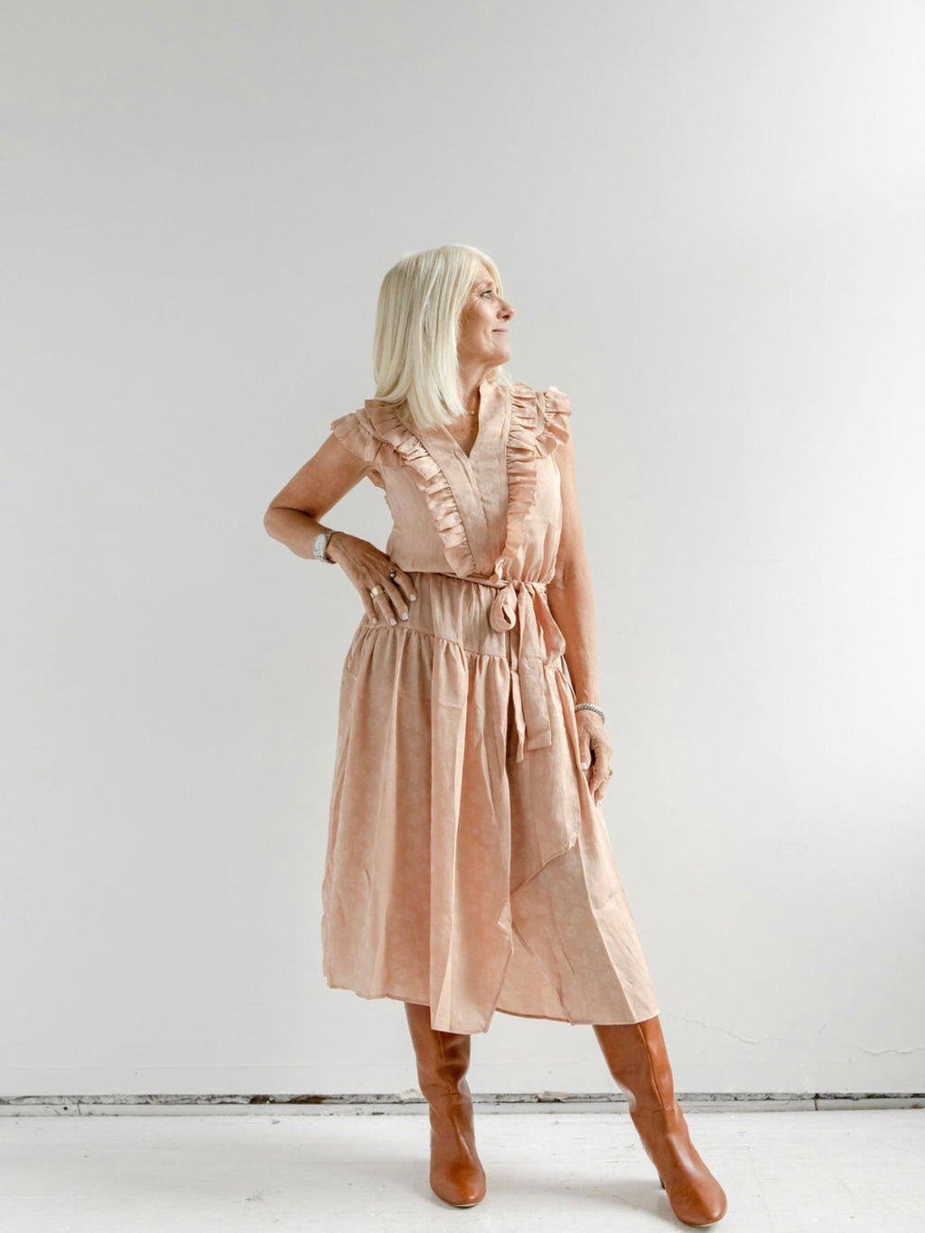 Apricot Ruffle Shoulder Wrap Midi Dress