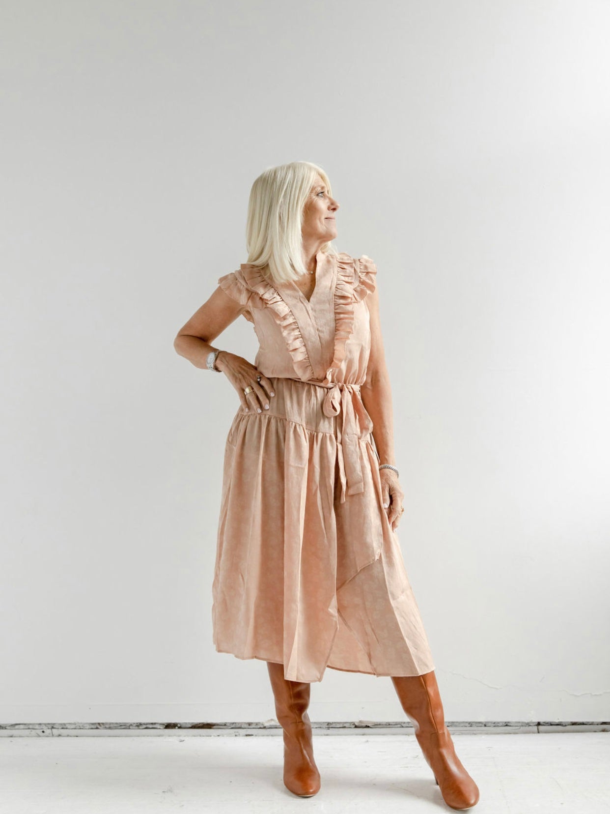 Apricot Ruffle Shoulder Wrap Midi Dress