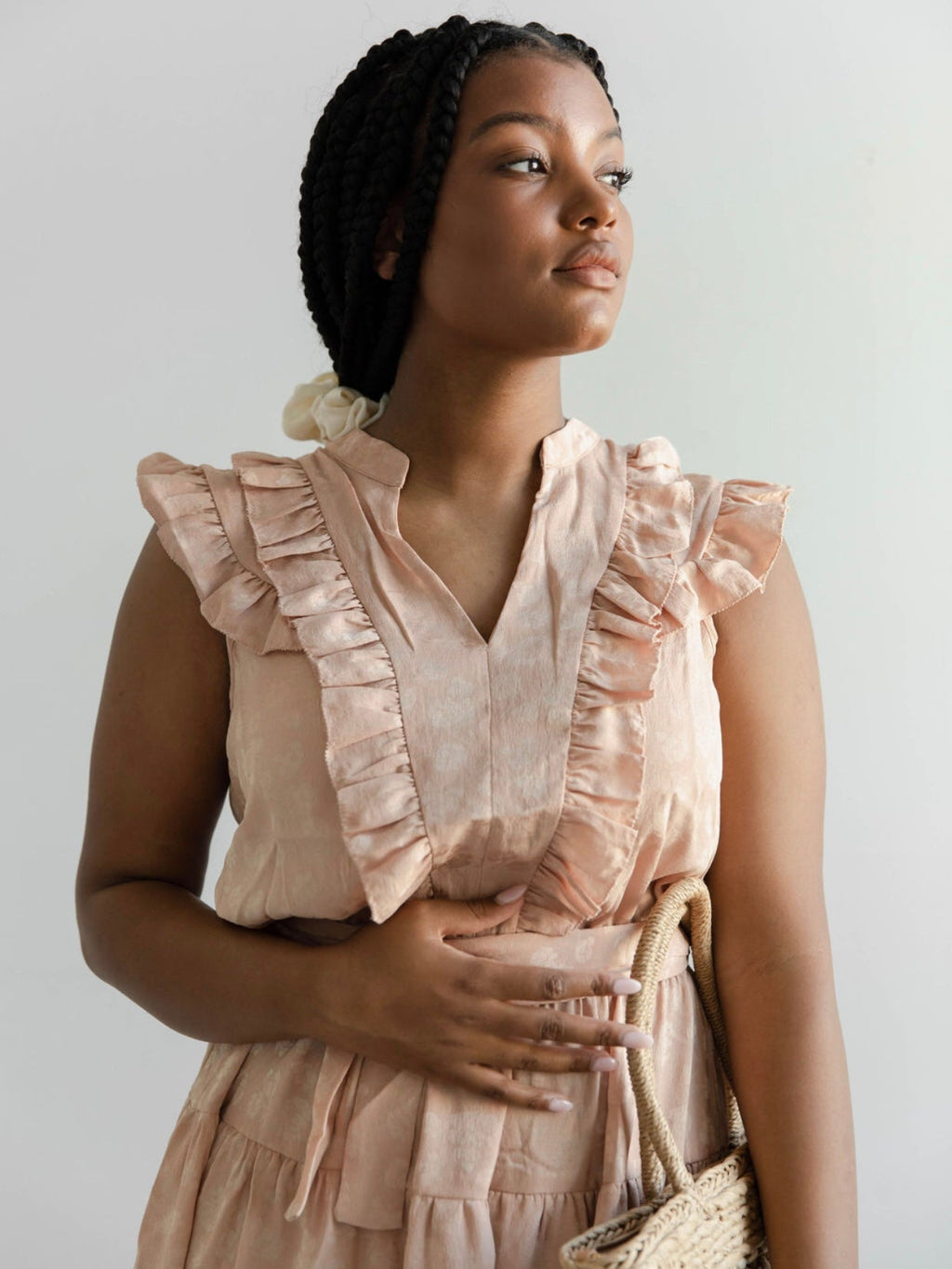 Apricot Ruffle Shoulder Wrap Midi Dress