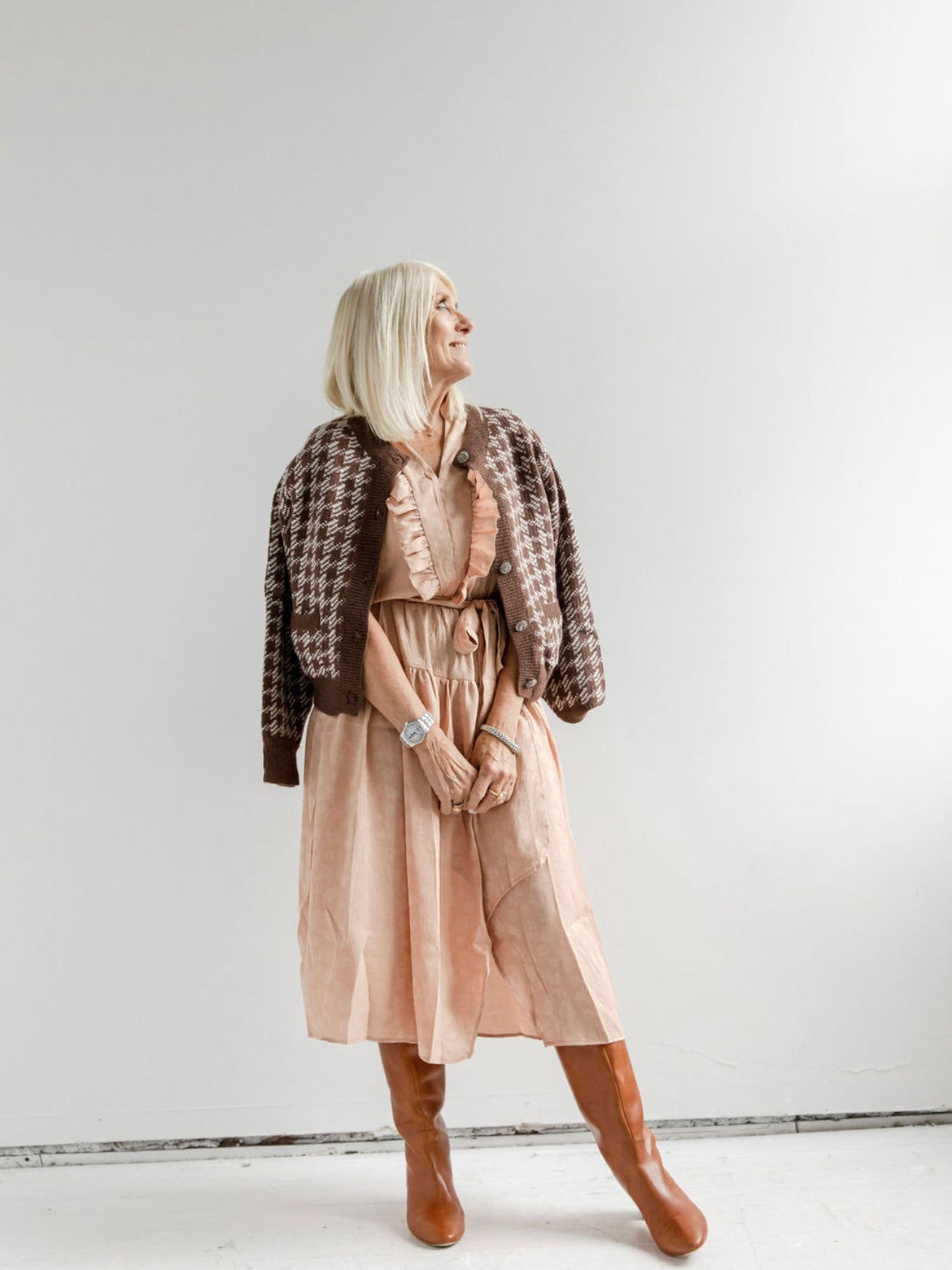 Apricot Ruffle Shoulder Wrap Midi Dress