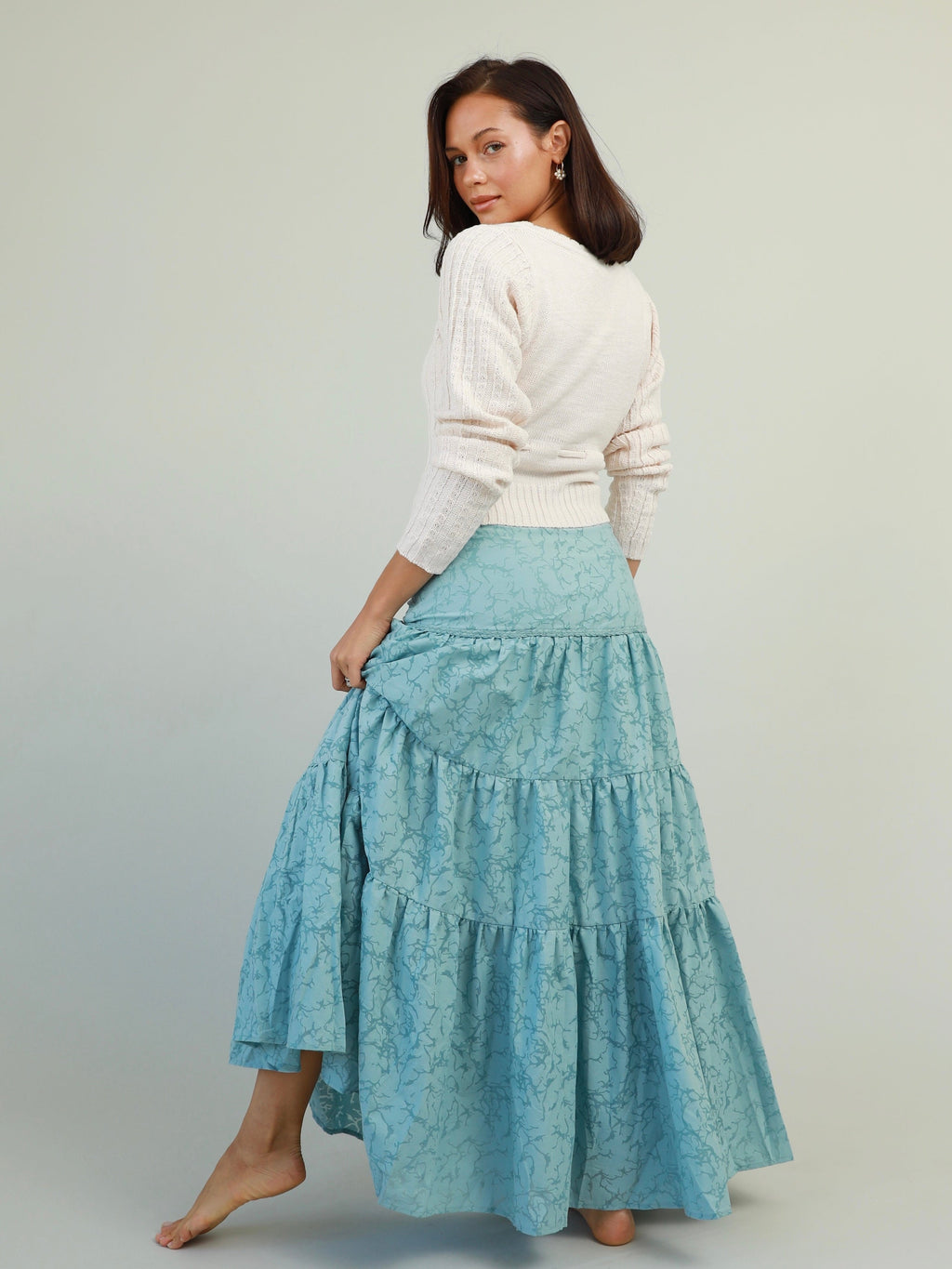 Ocean Blue Tiered Maxi Skirt with Braid Detail