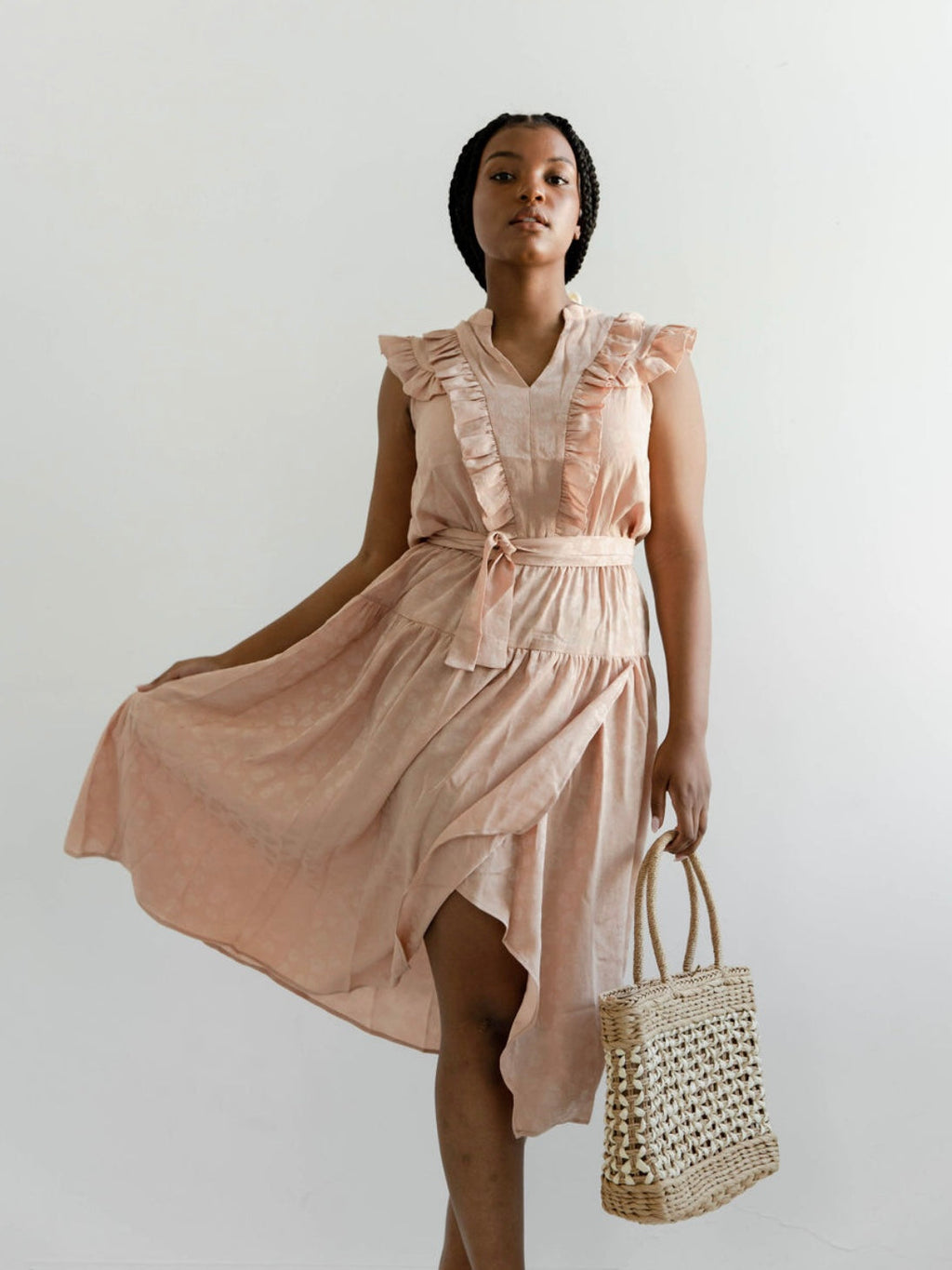 Apricot Ruffle Shoulder Wrap Midi Dress
