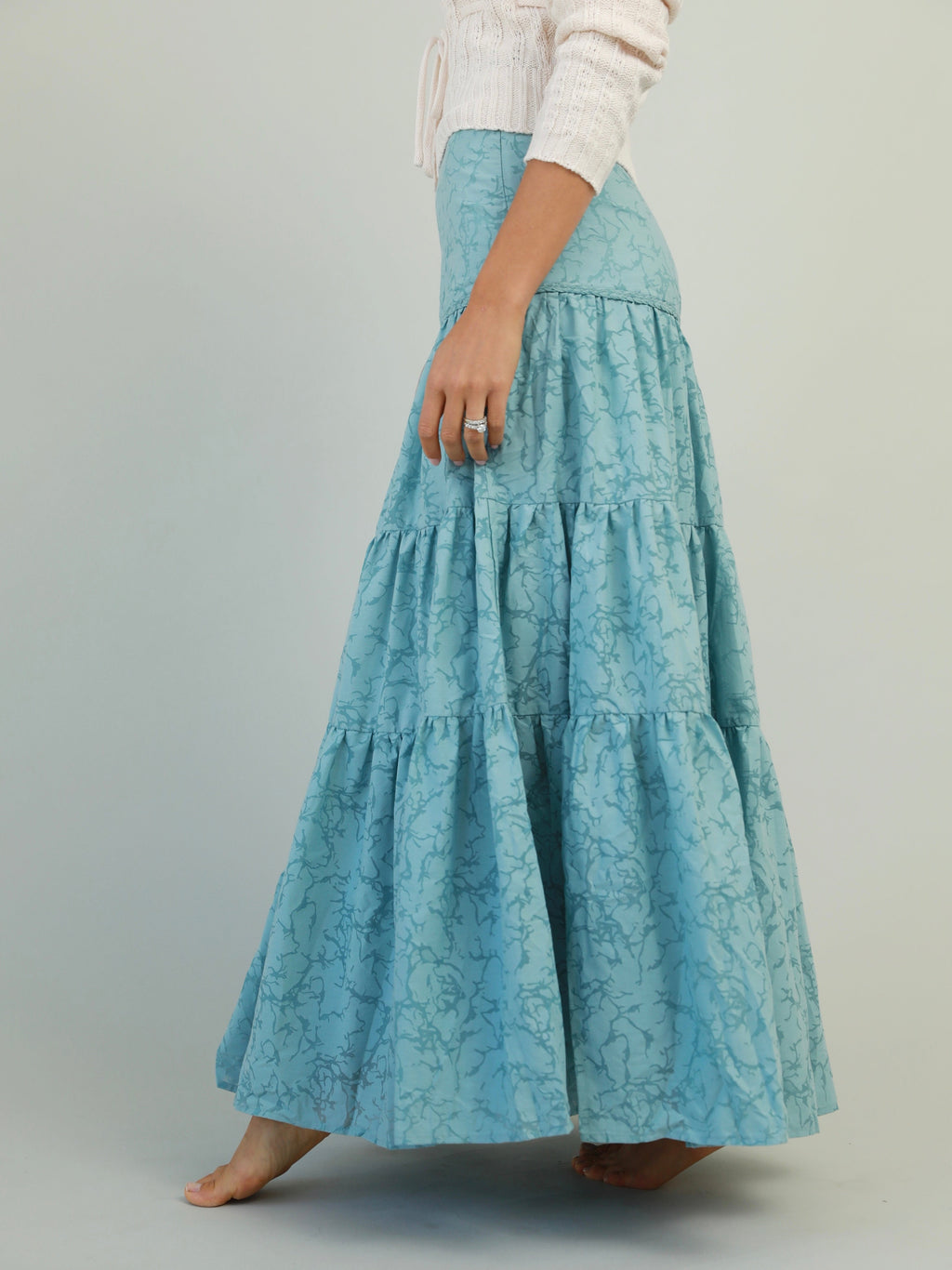 Ocean Blue Tiered Maxi Skirt with Braid Detail