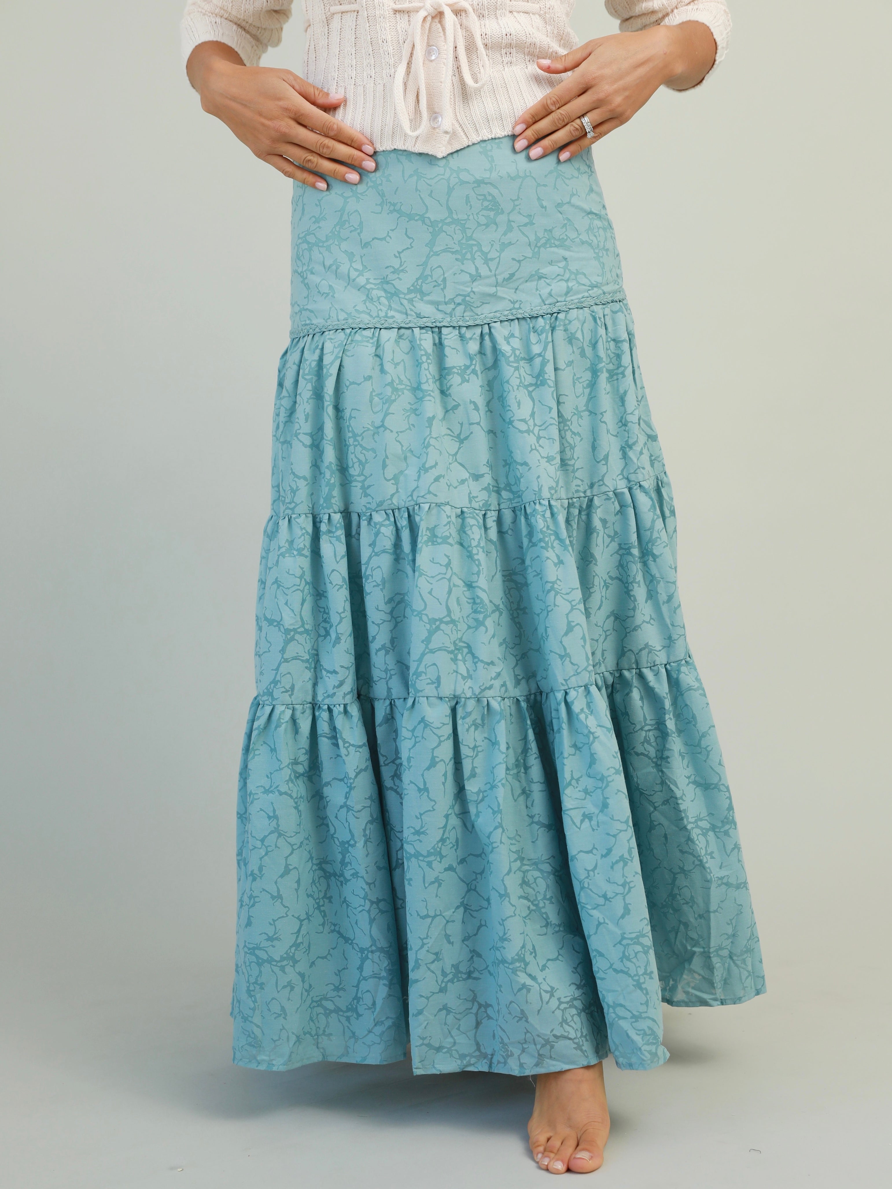 Ocean Blue Tiered Maxi Skirt with Braid Detail